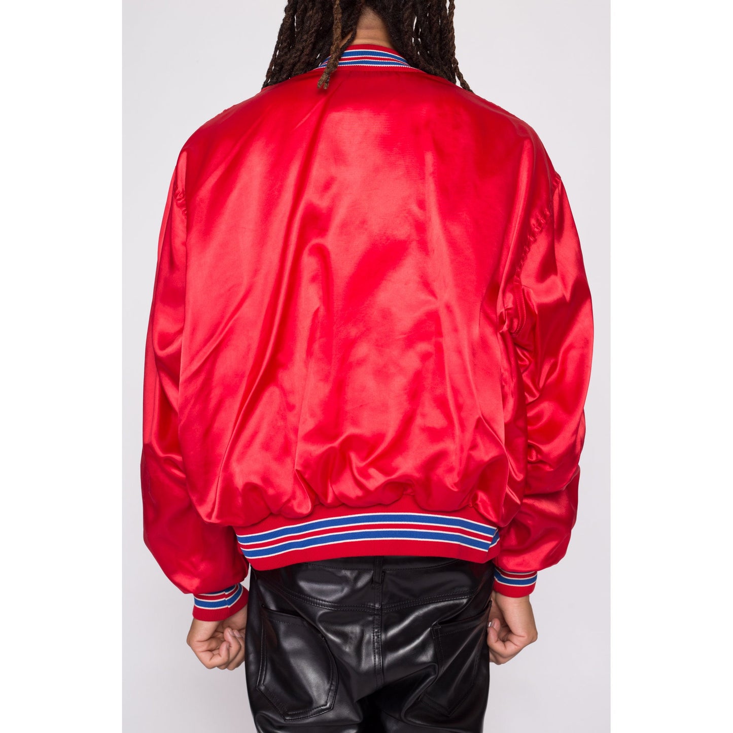 80s South River Pub Red Satin Bomber Jacket - Men's XL | Vintage New Jersey Tourist Souvenir Snap Button Varsity Windbreaker