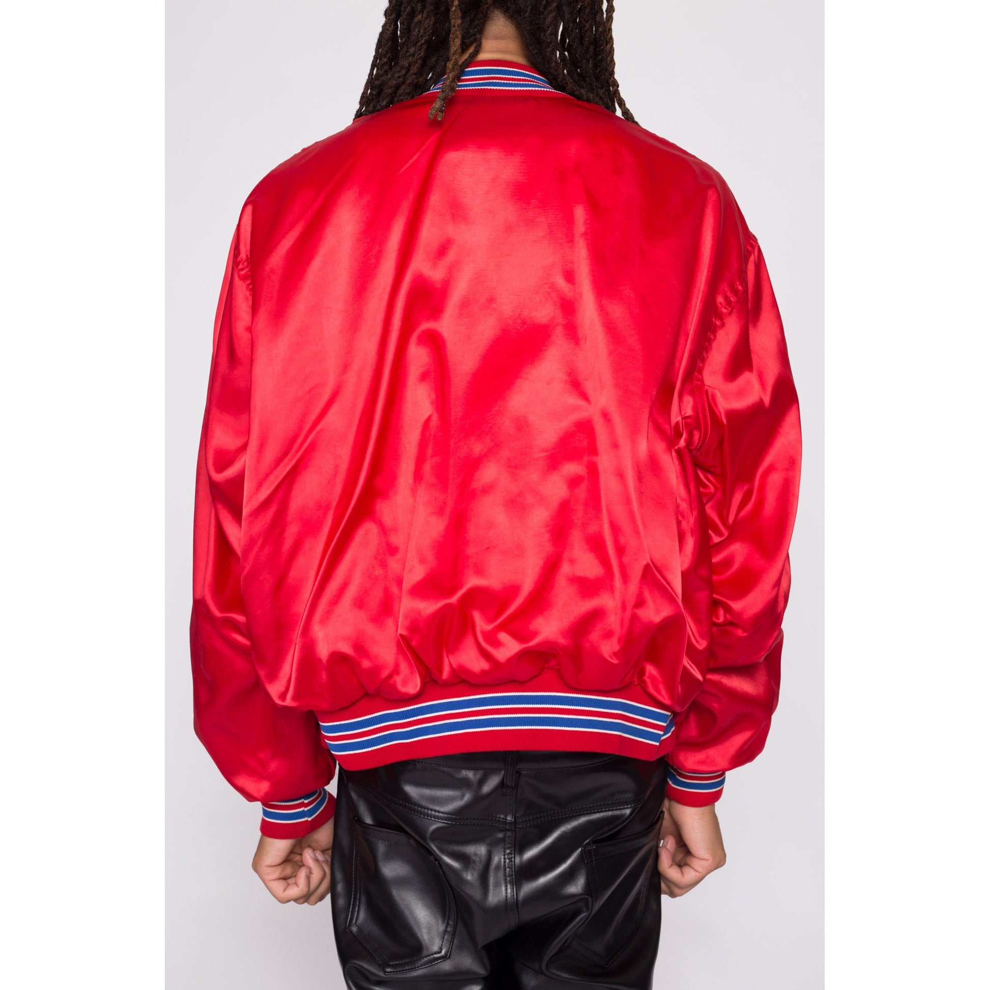 80s South River Pub Red Satin Bomber Jacket - Men's XL | Vintage New Jersey Tourist Souvenir Snap Button Varsity Windbreaker