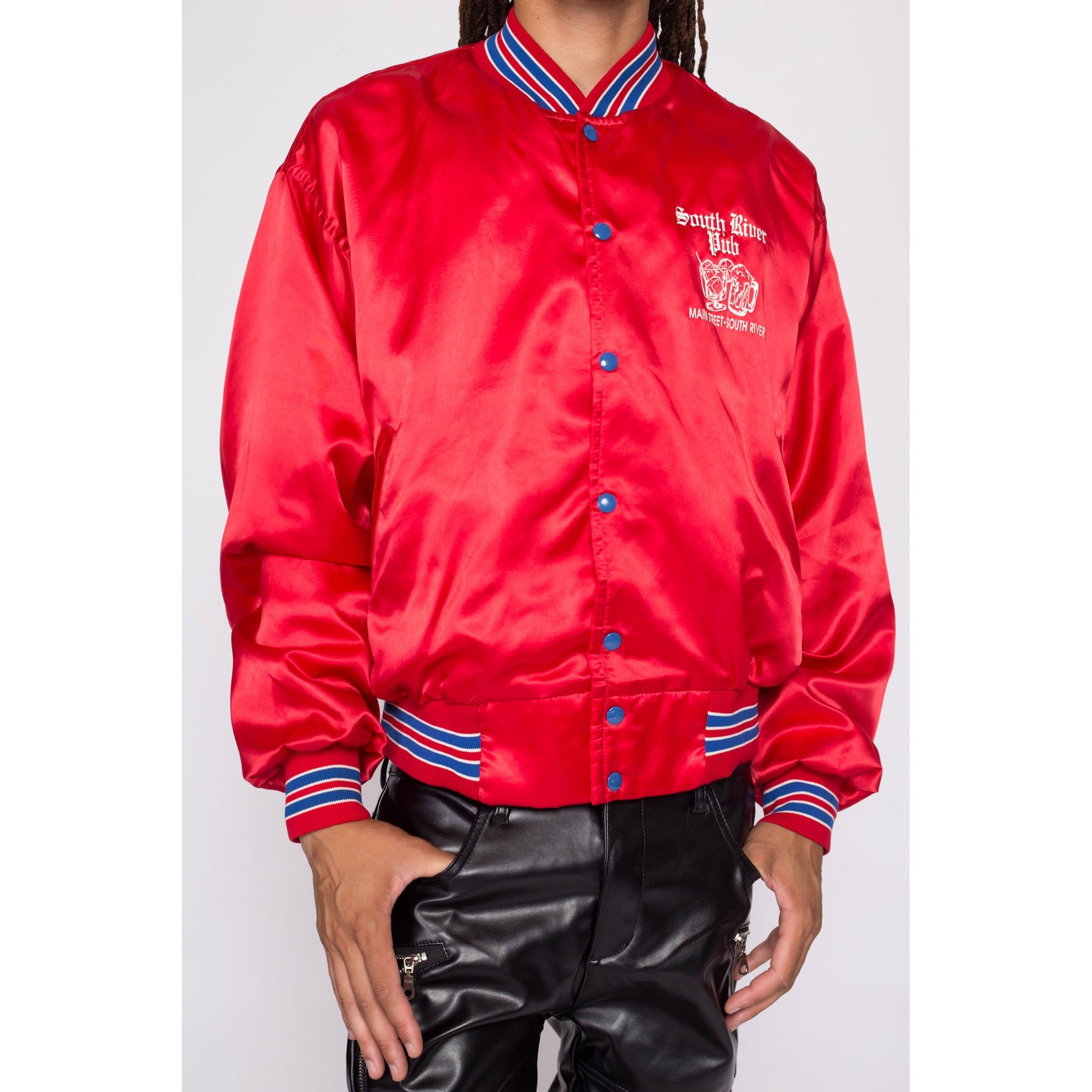 80s South River Pub Red Satin Bomber Jacket - Men's XL | Vintage New Jersey Tourist Souvenir Snap Button Varsity Windbreaker