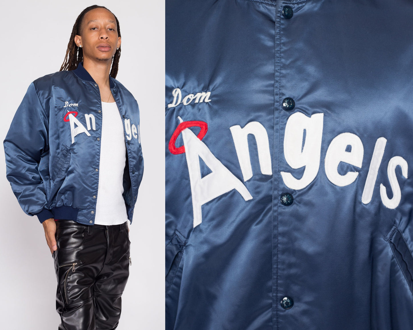 80s Angels Baseball Team Satin Jacket - Men's Large | Vintage Local League Snap Button Bomber