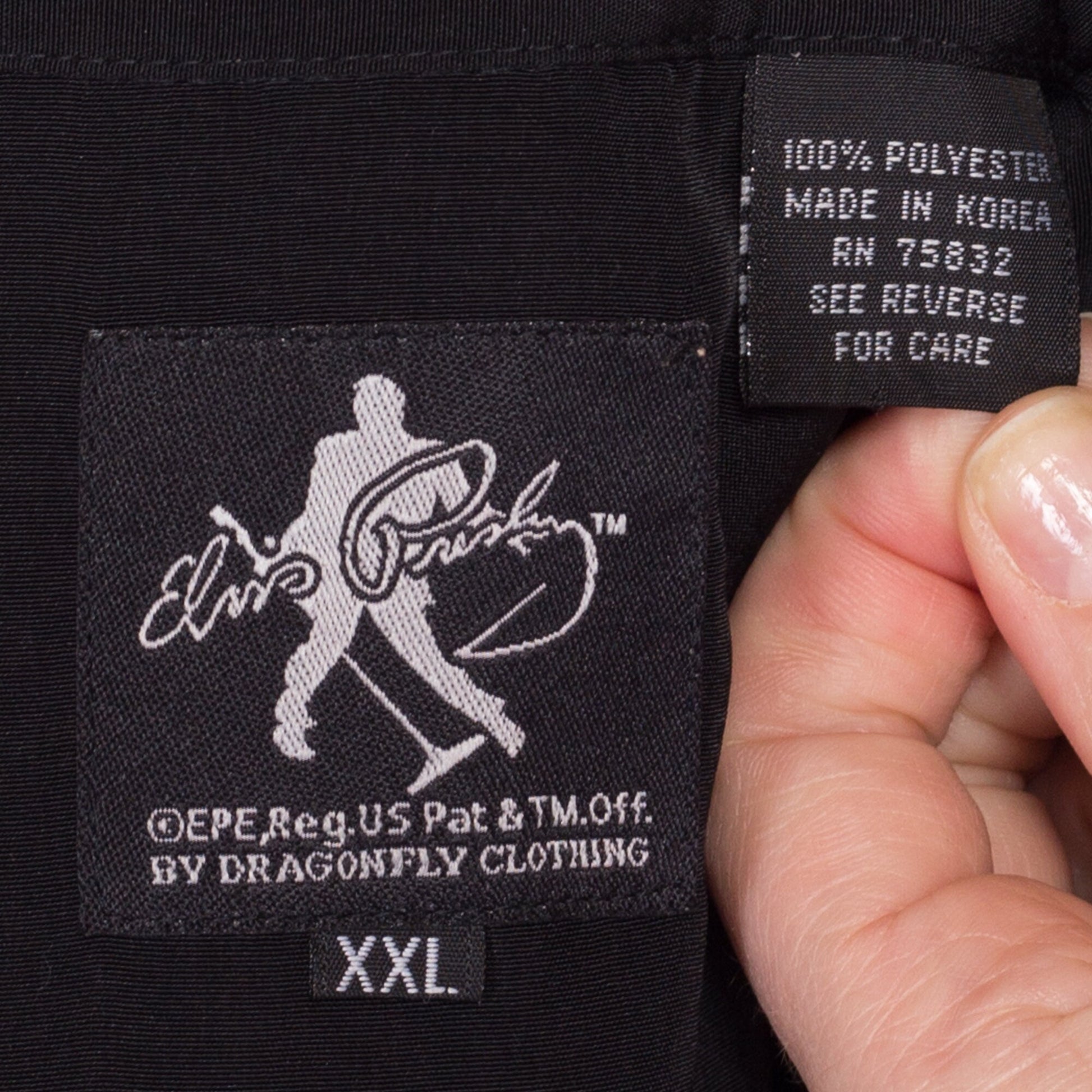 90s Elvis Presley Dragonfly Clothing Collared Shirt - Men's 2XL | Vintage Rock N Roll Music Collectible Black Button Up Short Sleeve Top