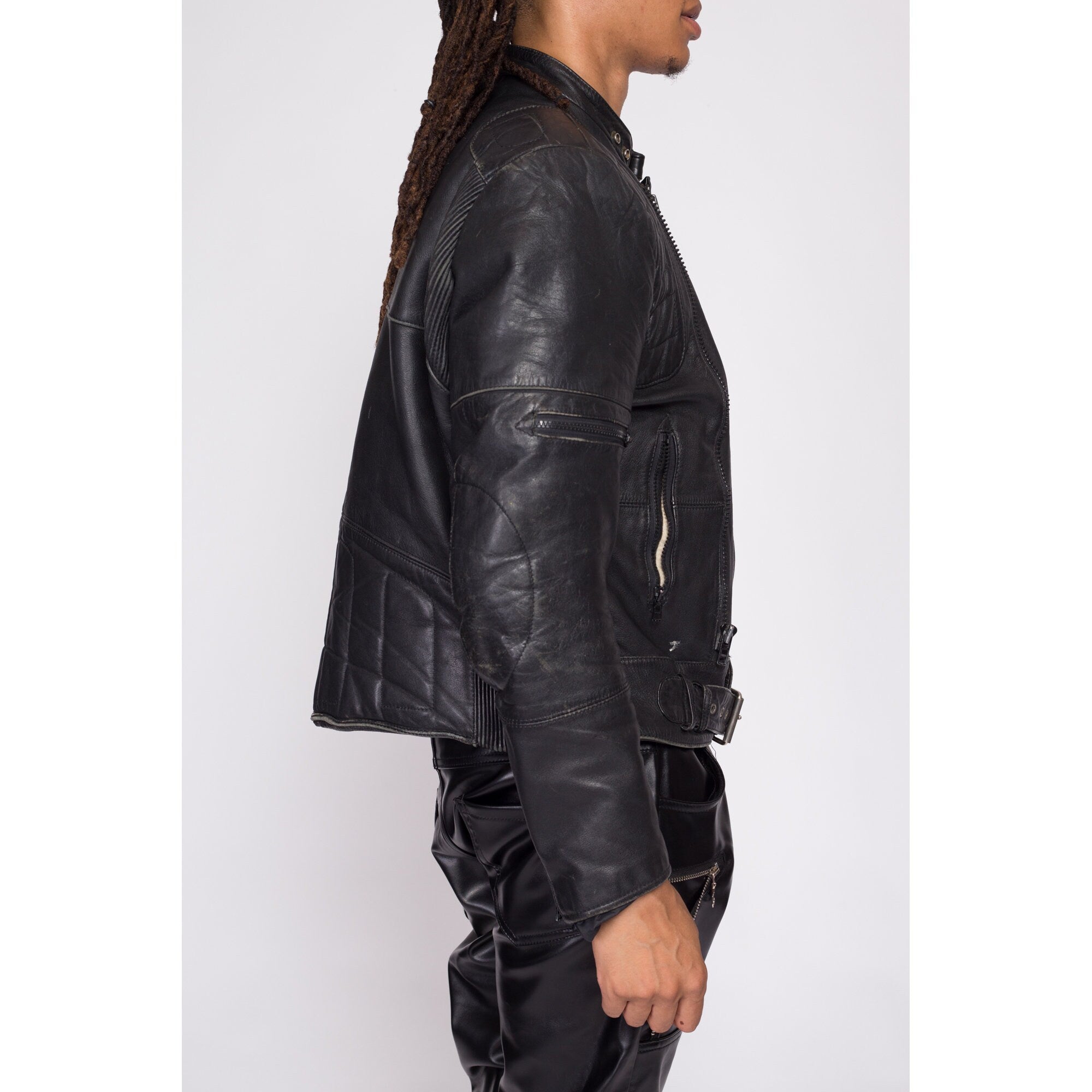 90s Wilsons Black Leather Padded Moto Jacket - Men's Large, Size