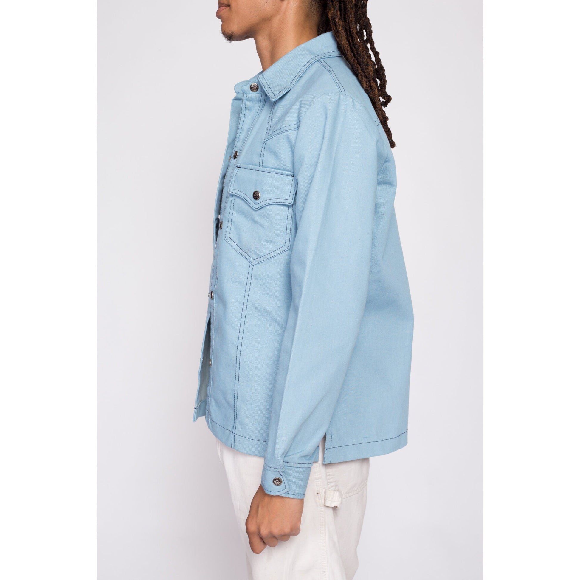70s Light Blue Shirt Jacket - Men's Medium | Vintage Snap Button Denim Look Western Shacket Overshirt