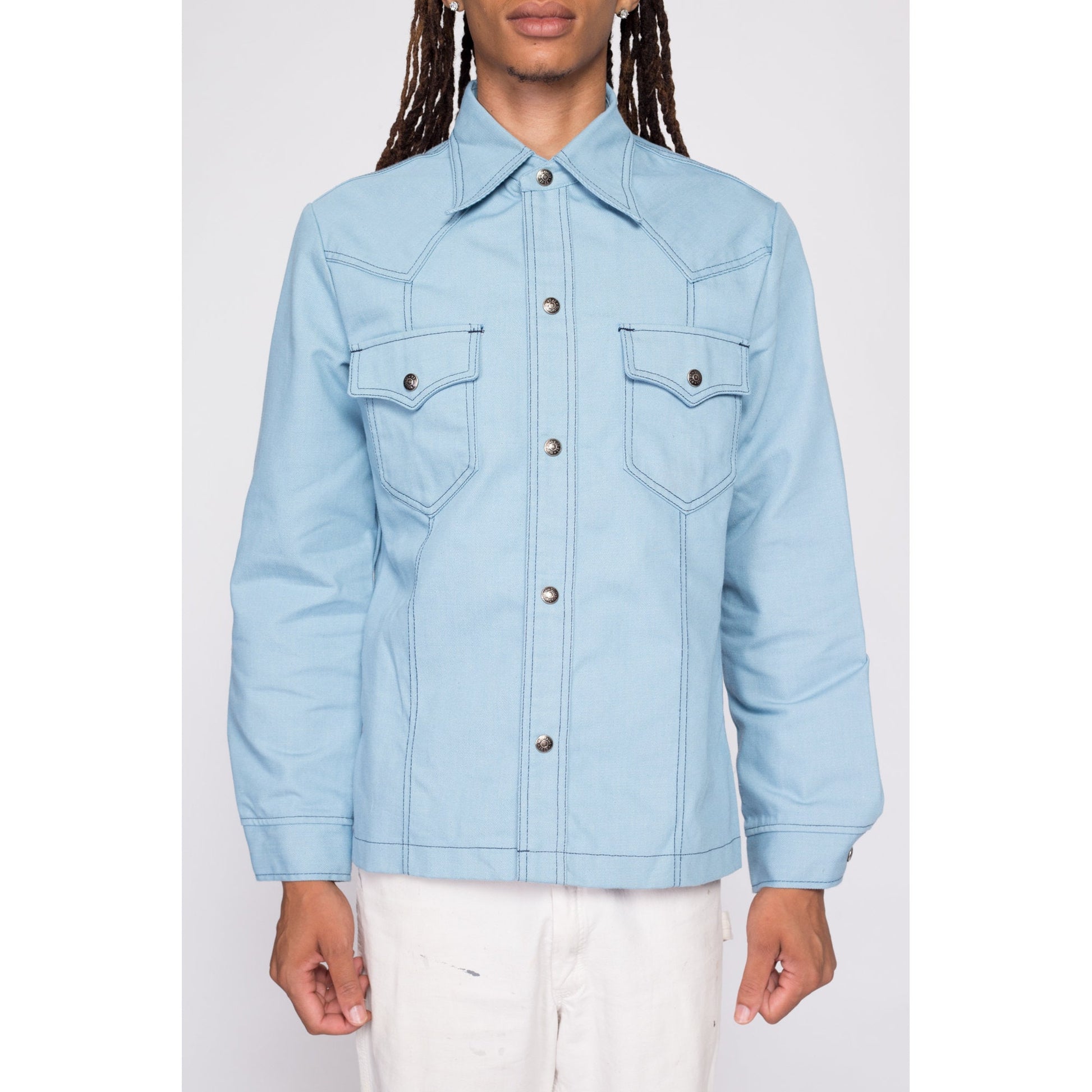 70s Light Blue Shirt Jacket - Men's Medium | Vintage Snap Button Denim Look Western Shacket Overshirt