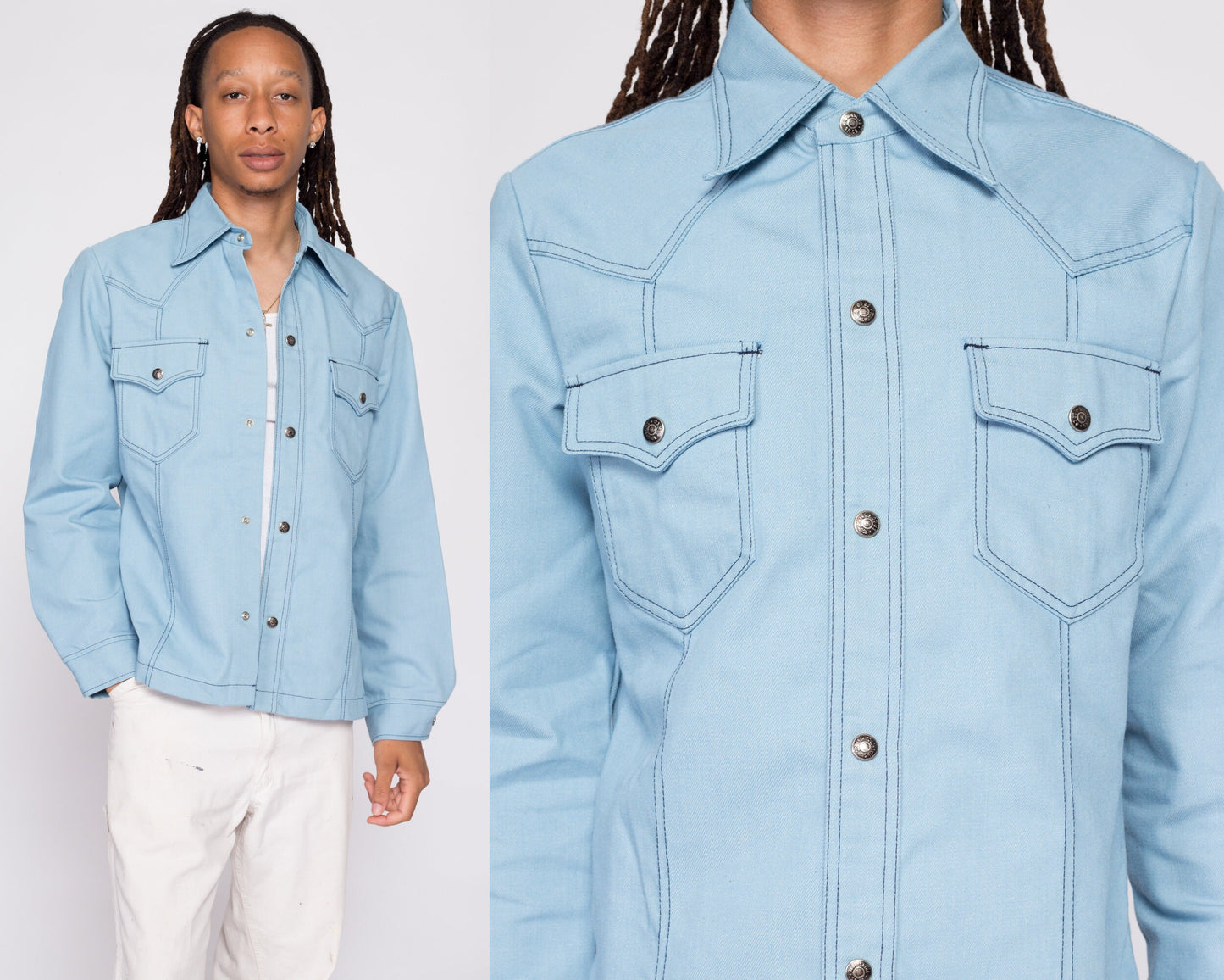 70s Light Blue Shirt Jacket - Men's Medium | Vintage Snap Button Denim Look Western Shacket Overshirt