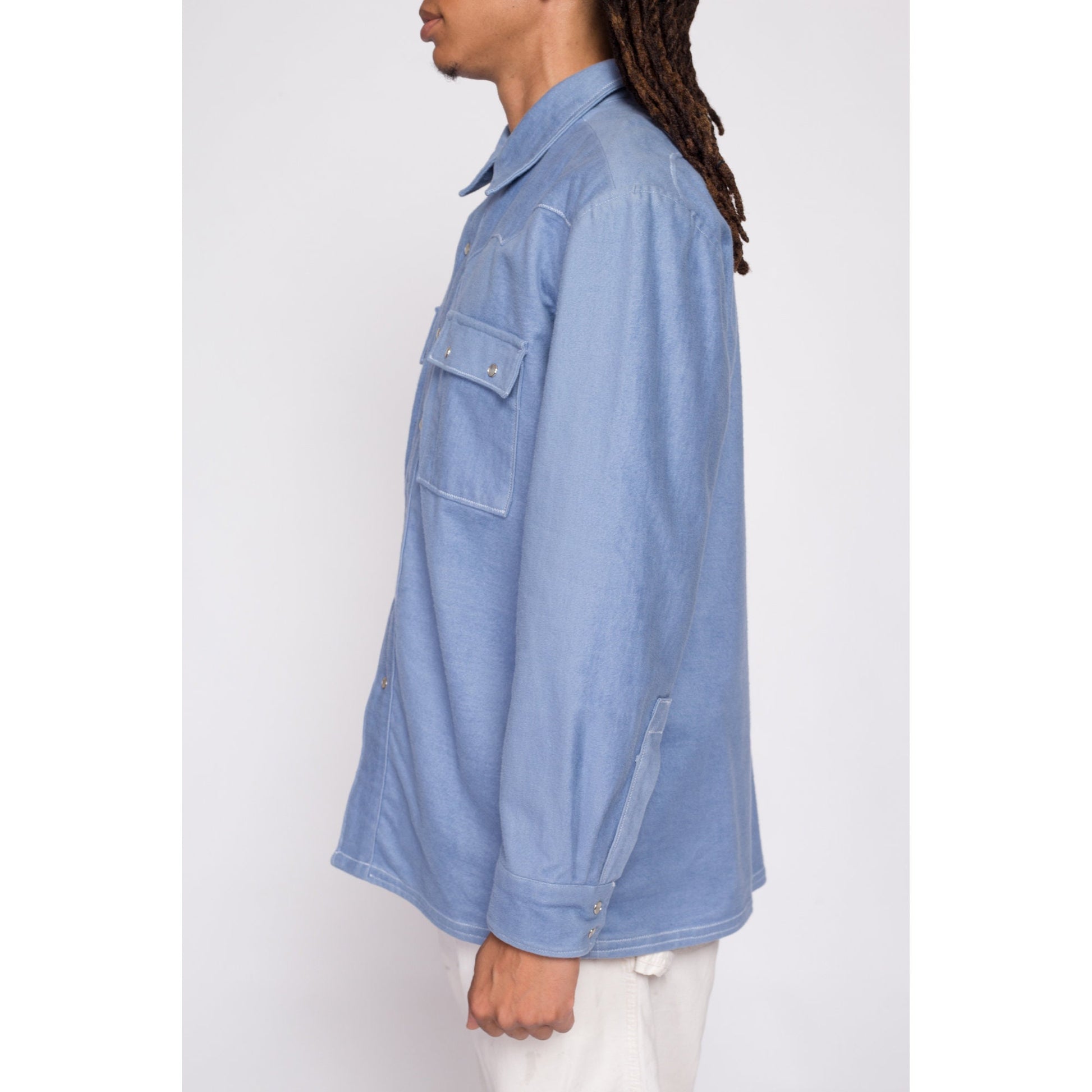 70s Blue Western Pearl Snap Shirt Jacket - Men's Large | Vintage Snap Button Denim Look Shacket Overshirt