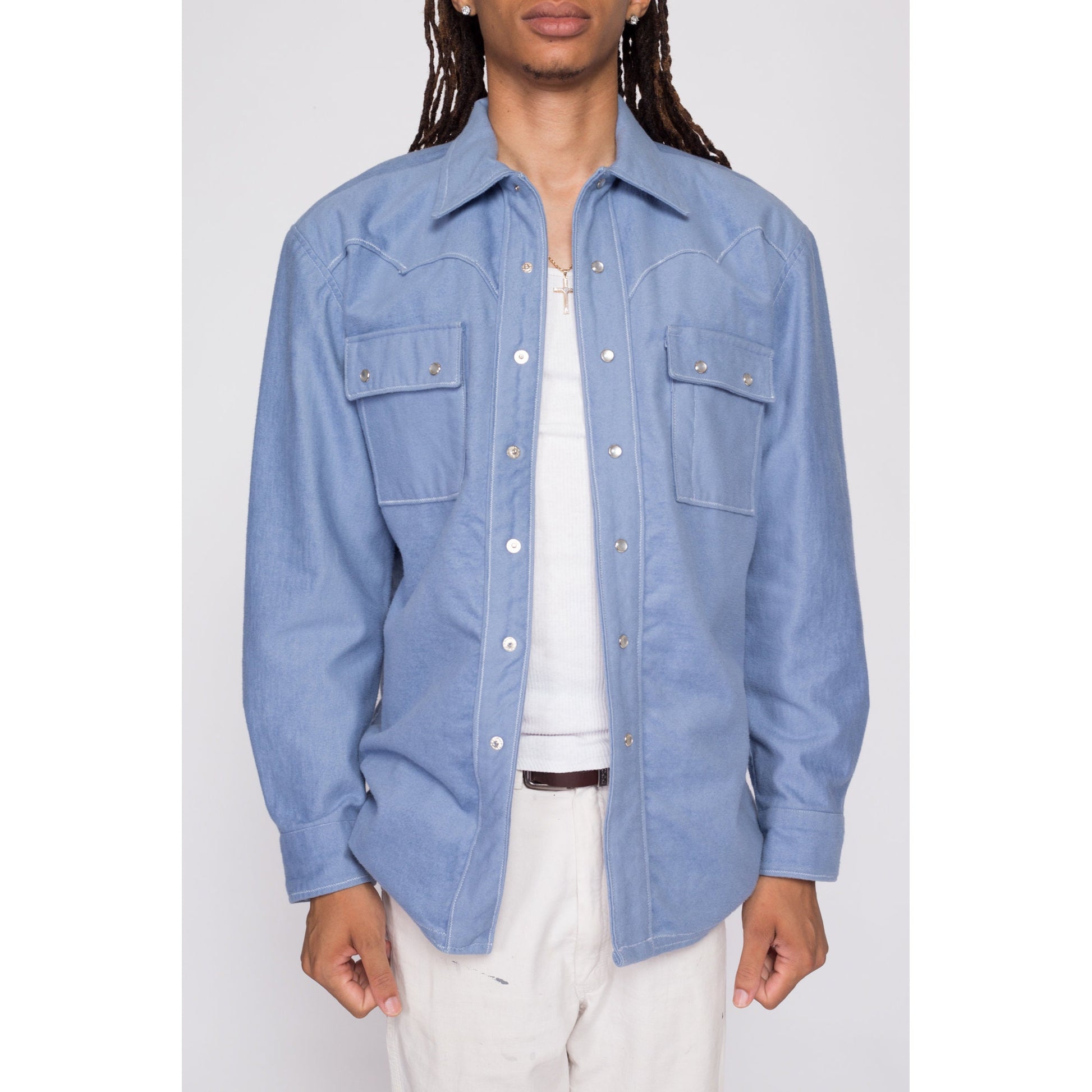 70s Blue Western Pearl Snap Shirt Jacket - Men's Large | Vintage Snap Button Denim Look Shacket Overshirt