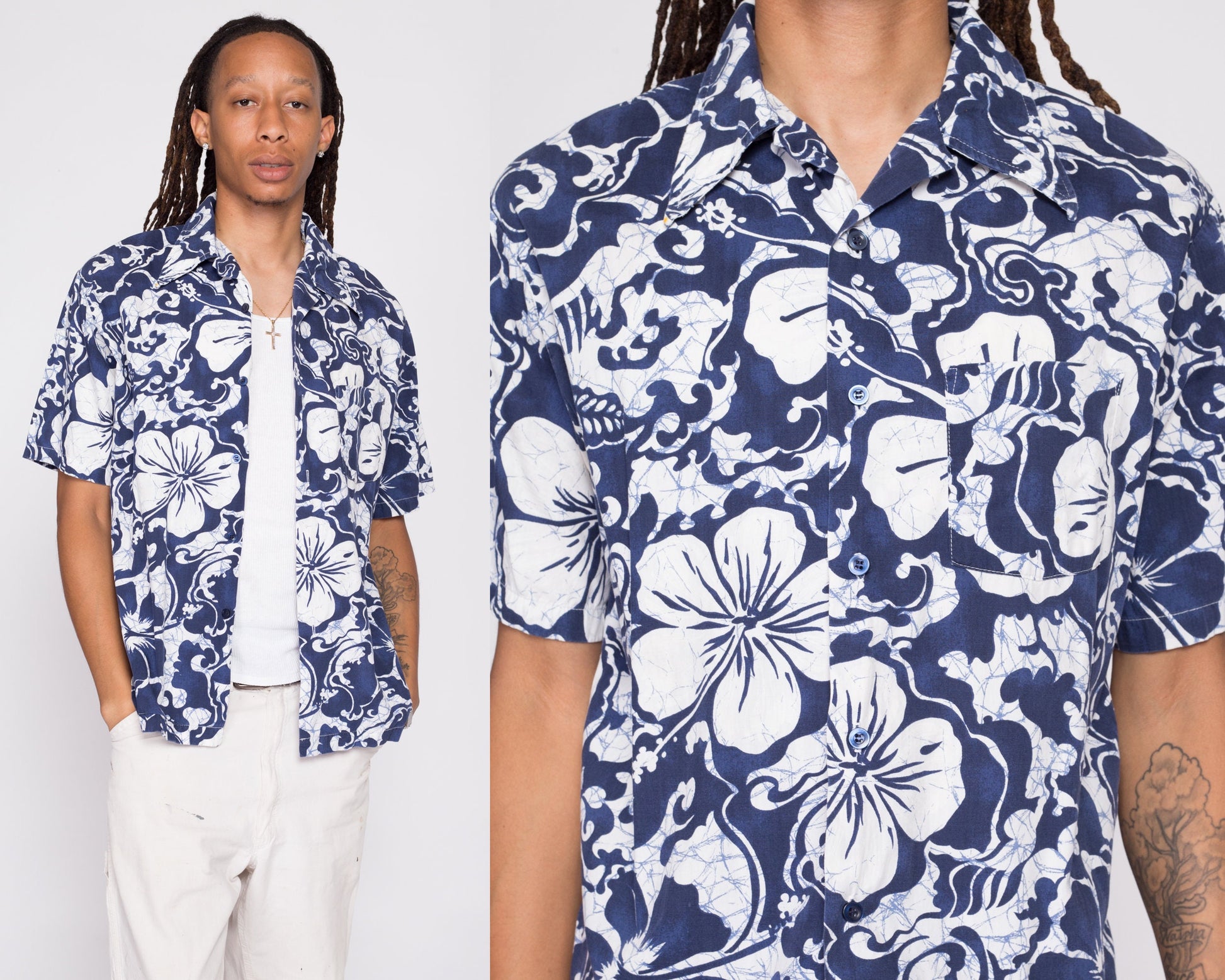 70s Kona Kai Hawaiian Floral Shirt - Men's Large | Vintage Jantzen Blue White Tropical Tiki Print Button Up Short Sleeve Aloha Top