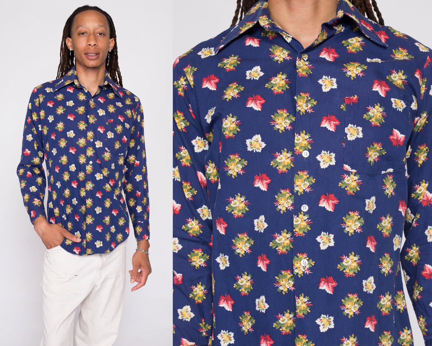 70s Blue Floral & Leaf Print Collared Shirt - Men's Medium | Retro Vintage Long Sleeve Button Down Disco Top