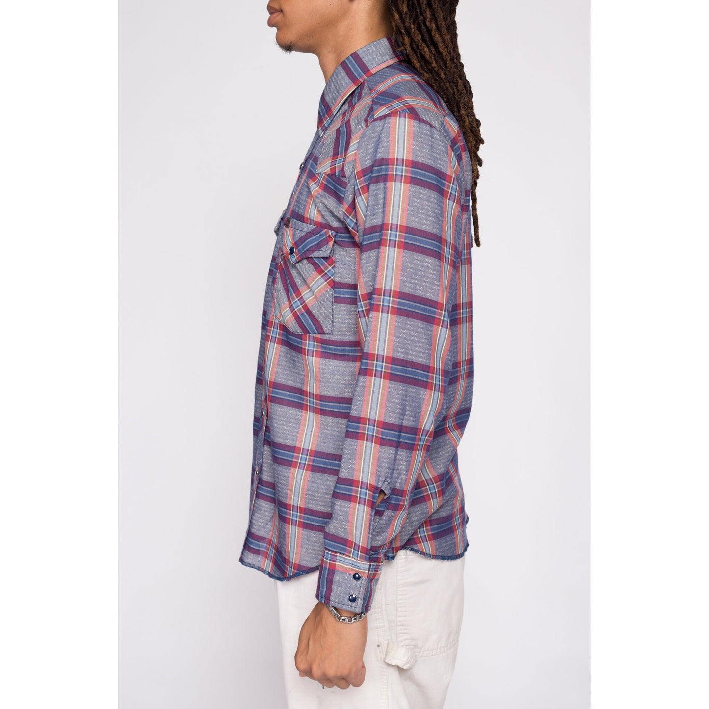 70s Wrangler Plaid Pearl Snap Shirt - Men's Medium | Vintage Blue Red Western Collared Long Sleeve Top