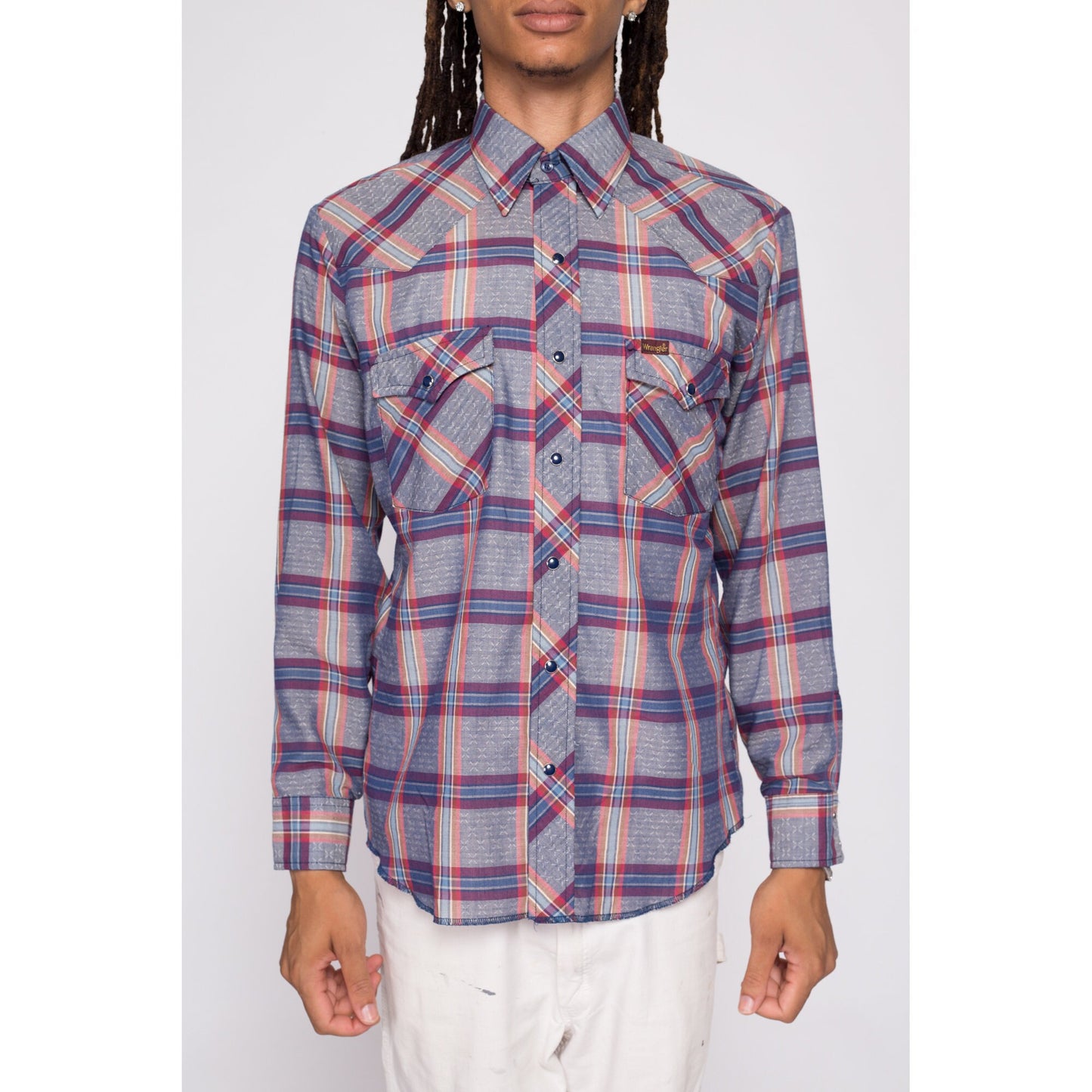 70s Wrangler Plaid Pearl Snap Shirt - Men's Medium | Vintage Blue Red Western Collared Long Sleeve Top