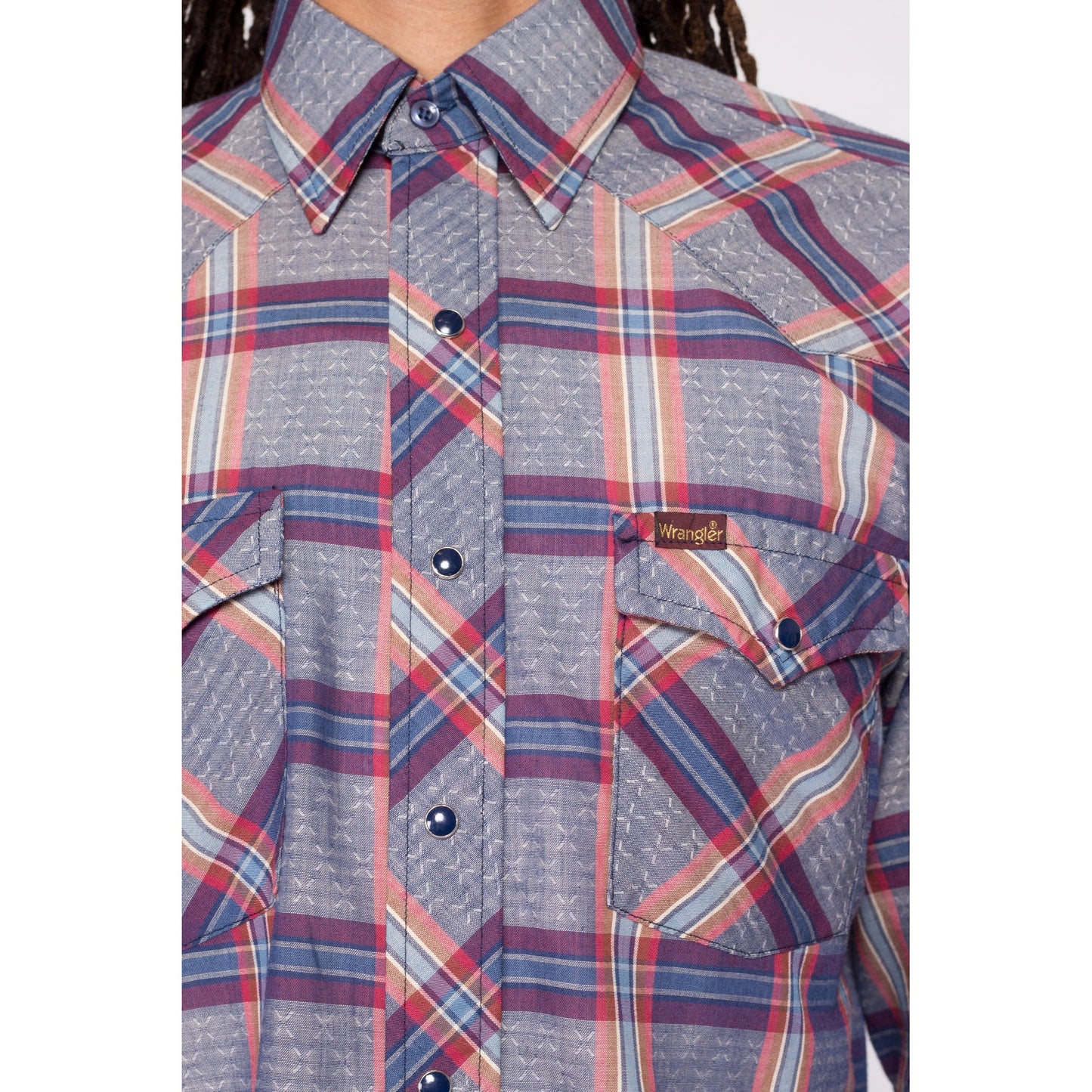 70s Wrangler Plaid Pearl Snap Shirt - Men's Medium | Vintage Blue Red Western Collared Long Sleeve Top
