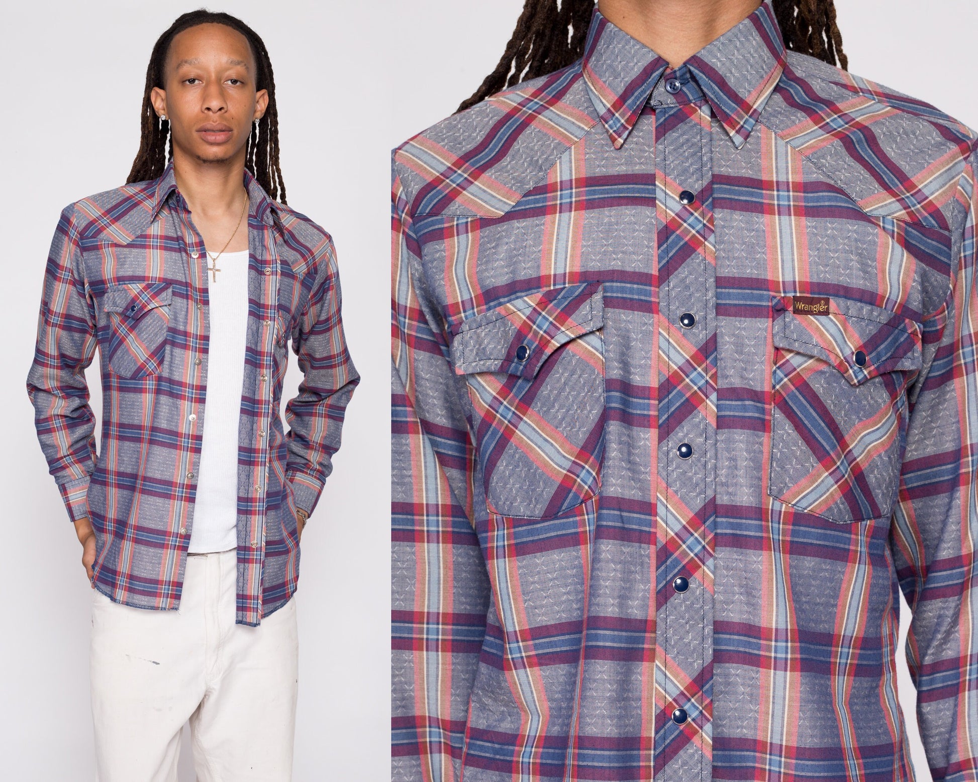 70s Wrangler Plaid Pearl Snap Shirt - Men's Medium | Vintage Blue Red Western Collared Long Sleeve Top