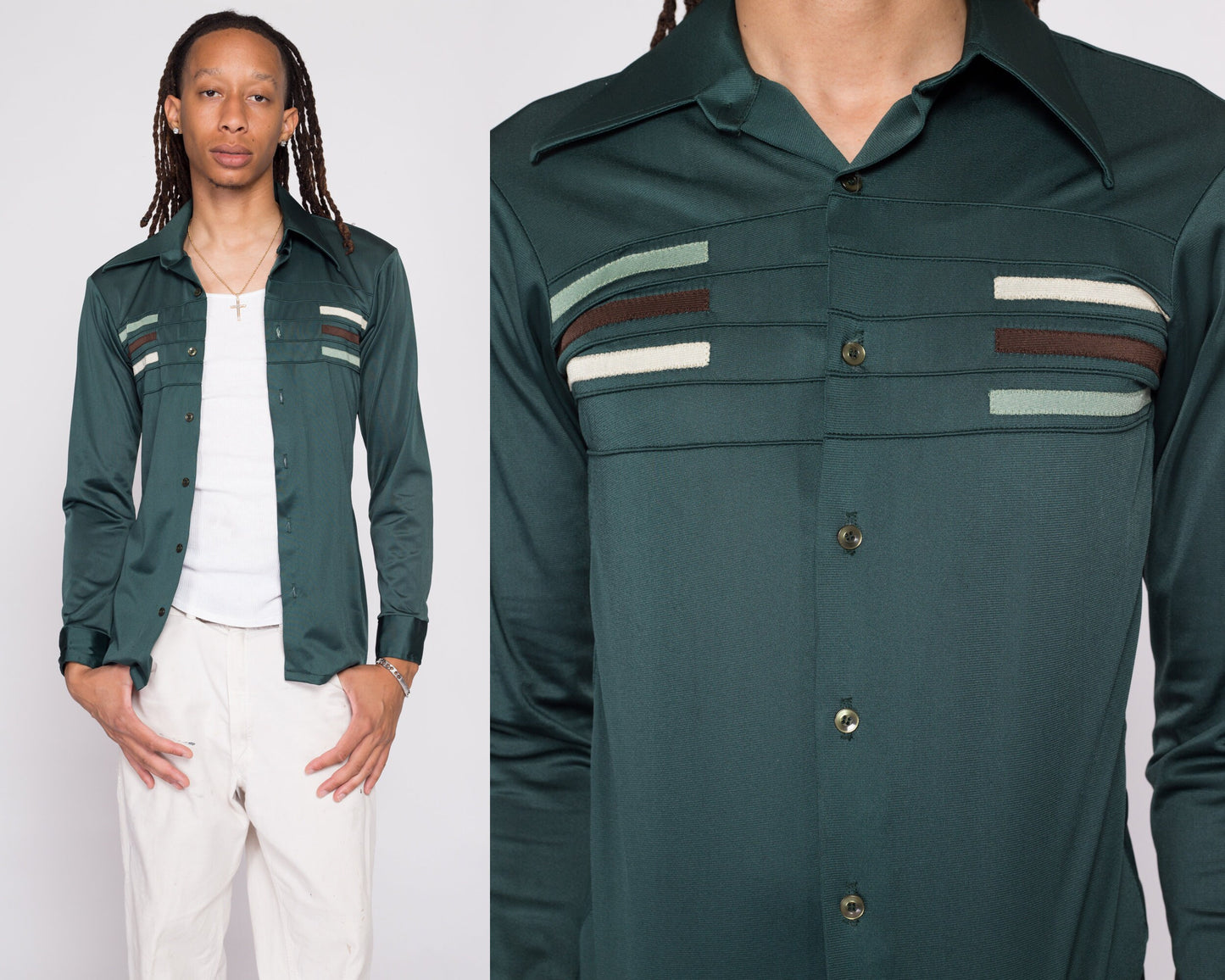 70s Green Striped Trim Disco Shirt - Men's XS | Retro Vintage Button Down Long Sleeve Top