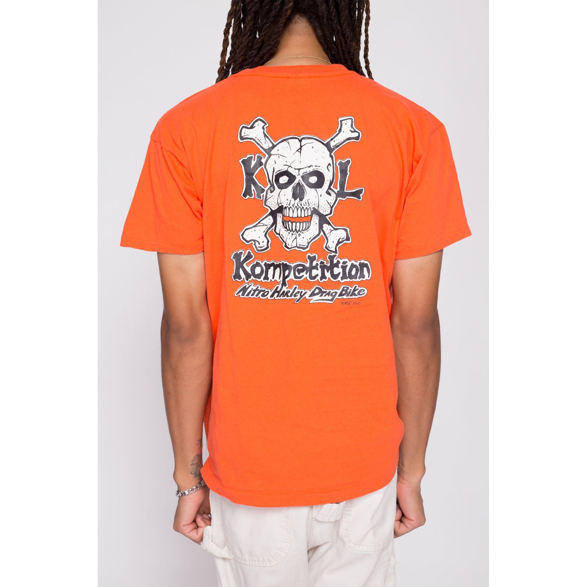 90s Nitro Harley Drag Bike Skull T Shirt - Men's Large | Vintage Orange Kool Kompetition Biker Racing Graphic Tee