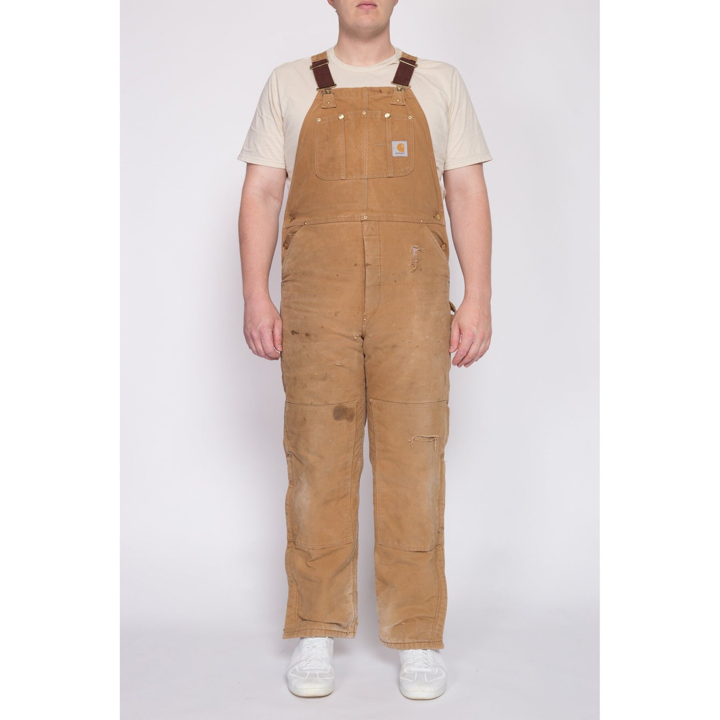 90s Carhartt Insulated Quilt Lined Distressed Overalls - 38x34 | Vintage Made In USA Tan Workwear Jumpsuit