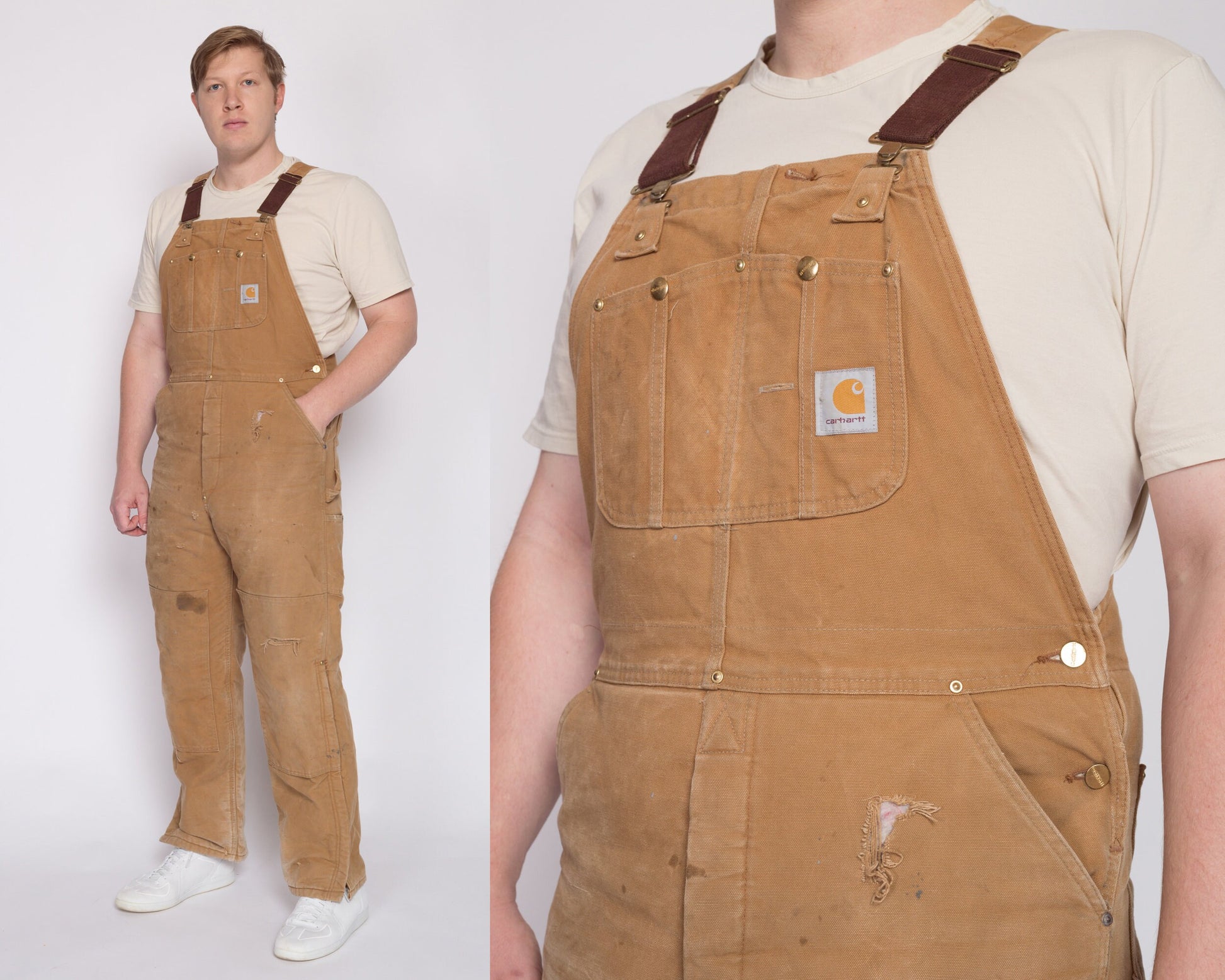 90s Carhartt Insulated Quilt Lined Distressed Overalls - 38x34 | Vintage Made In USA Tan Workwear Jumpsuit