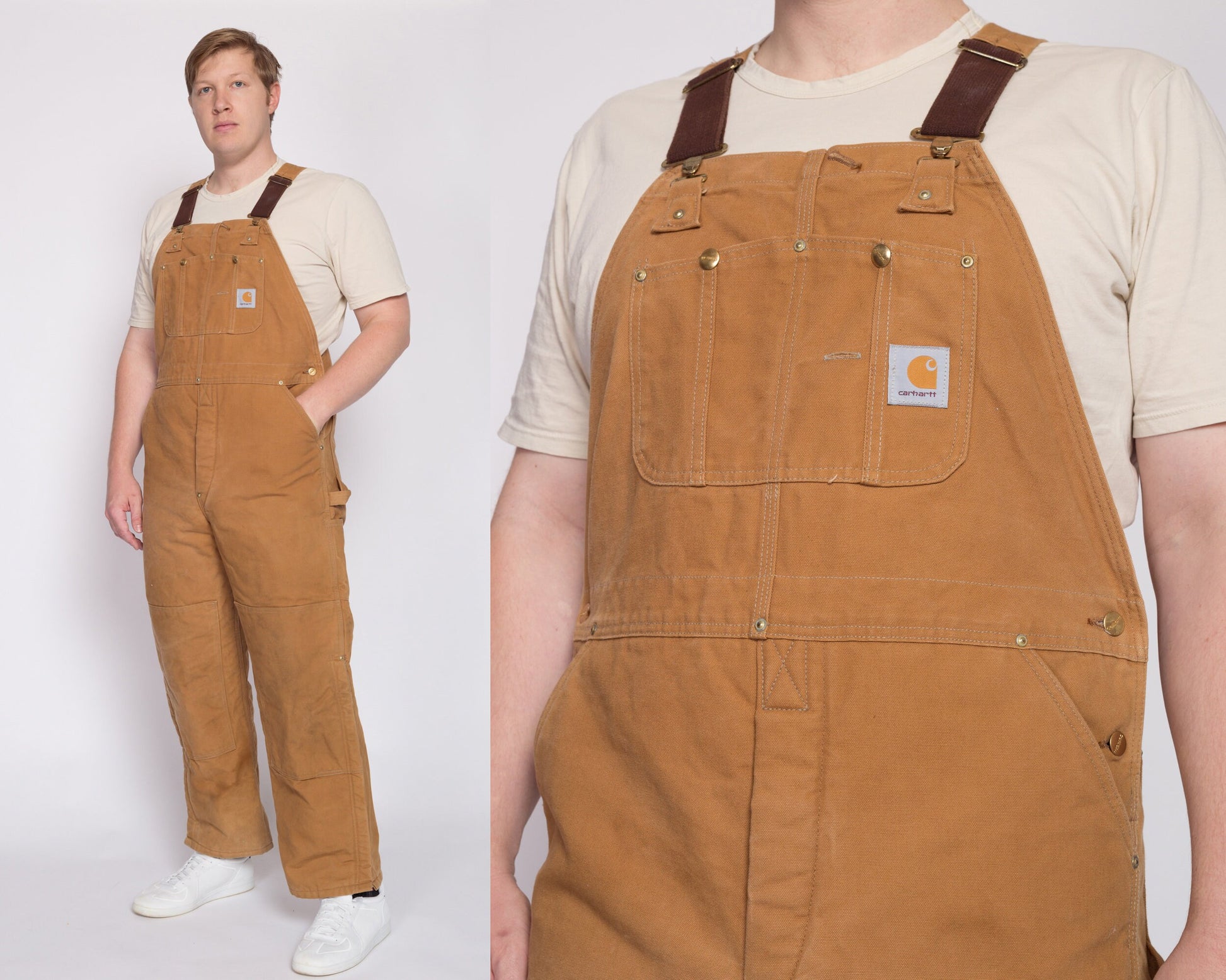 Vintage Carhartt Insulated Quilt Lined Overalls - 44x31 | 90s Y2K Duck Canvas Tan Workwear Jumpsuit