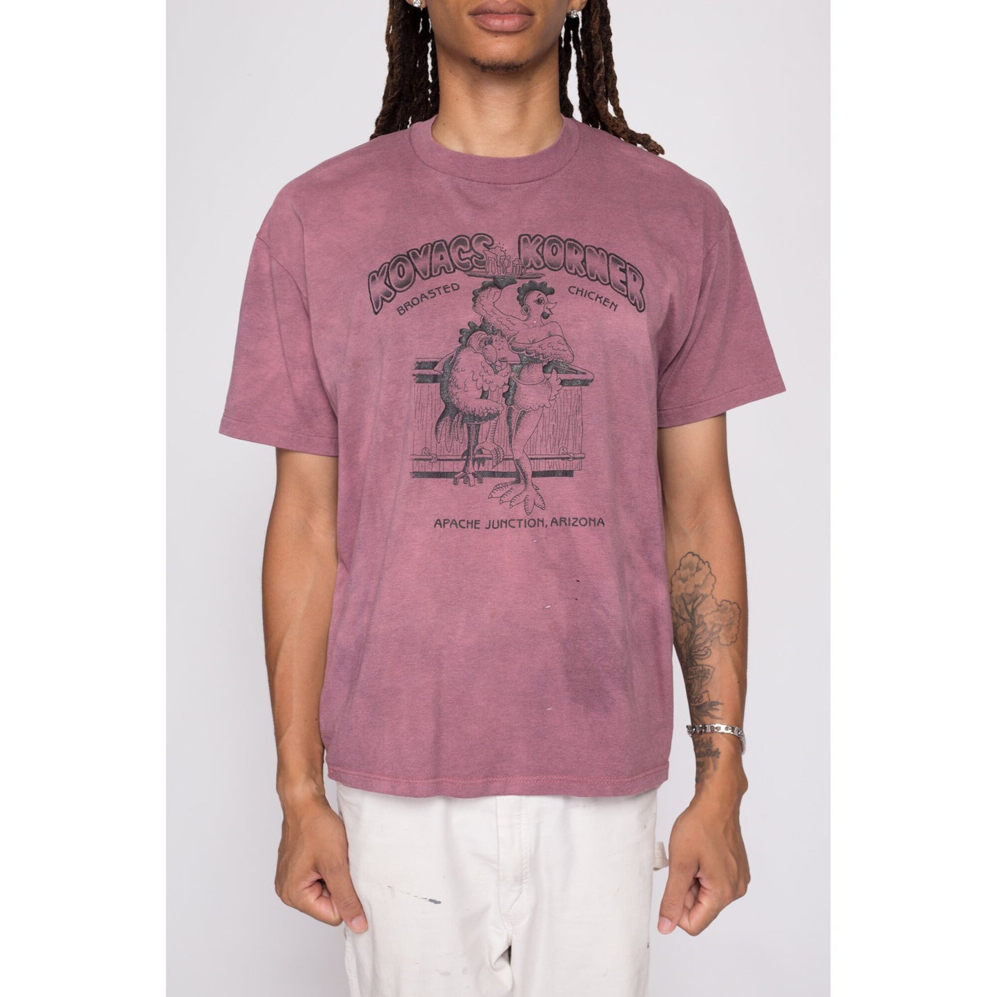 90s "Best Piece In Town" Kovacs Korner Sexy Chicken T Shirt - Men's Large | Vintage Apache Junction Arizona Purple Tie Dye Graphic Tee