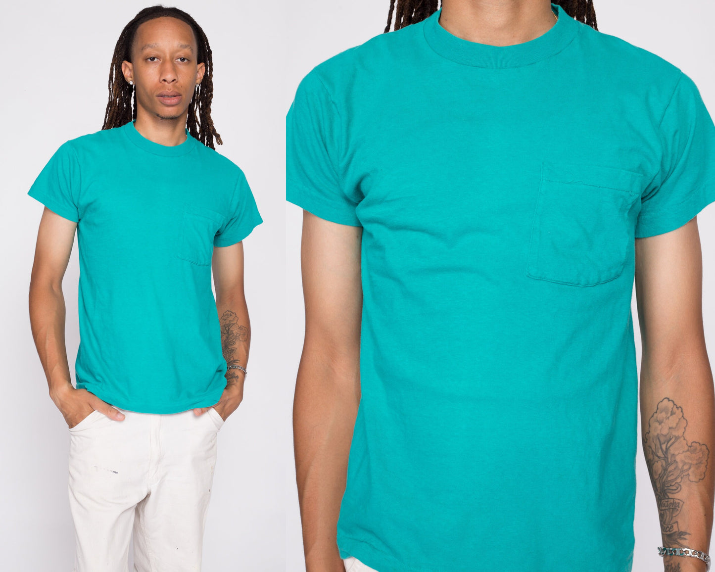 80s Plain Teal Pocket Tee - Men's Medium | Vintage Combed Cotton Blank T-Shirt