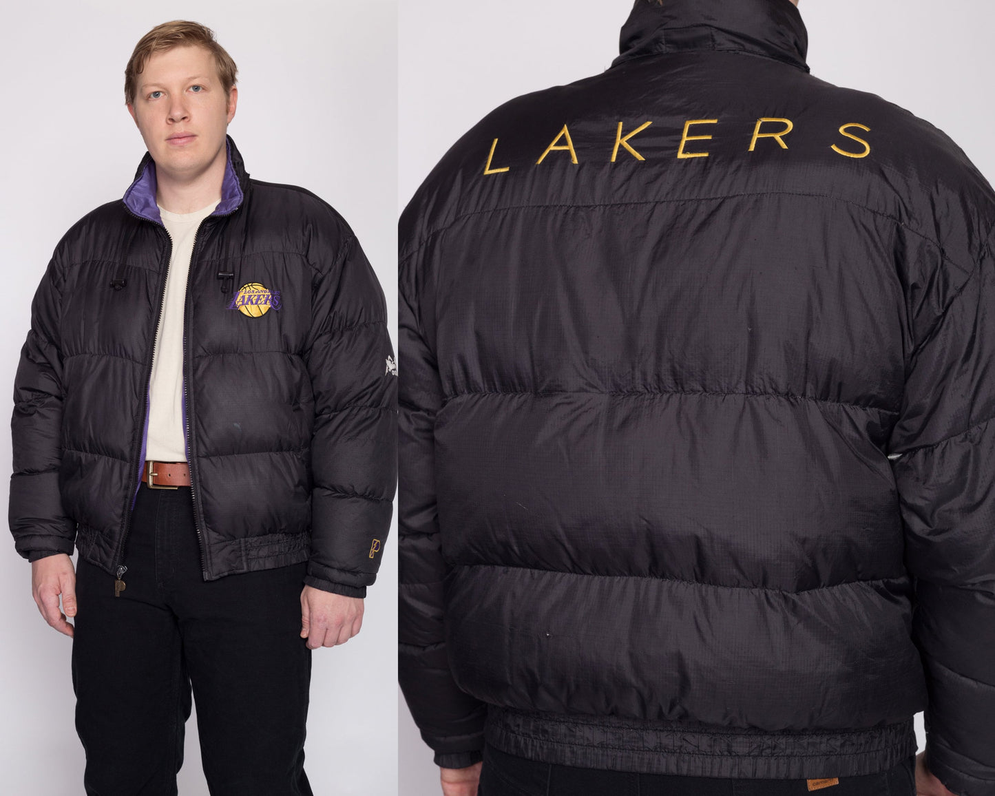 90s LA Lakers Pro Player Down Feather Puffer Jacket - Men's XL | Los Angeles NBA Basketball Black Puffy Coat