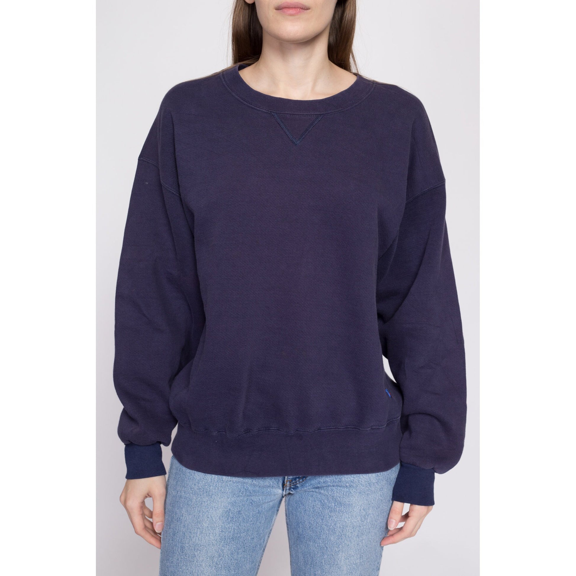 90s L.L. Bean x Russell Athletic Navy Blue V Stitch Sweatshirt - Men's Large | Vintage Unisex Plain Cotton Blend Blank Crewneck Pullover