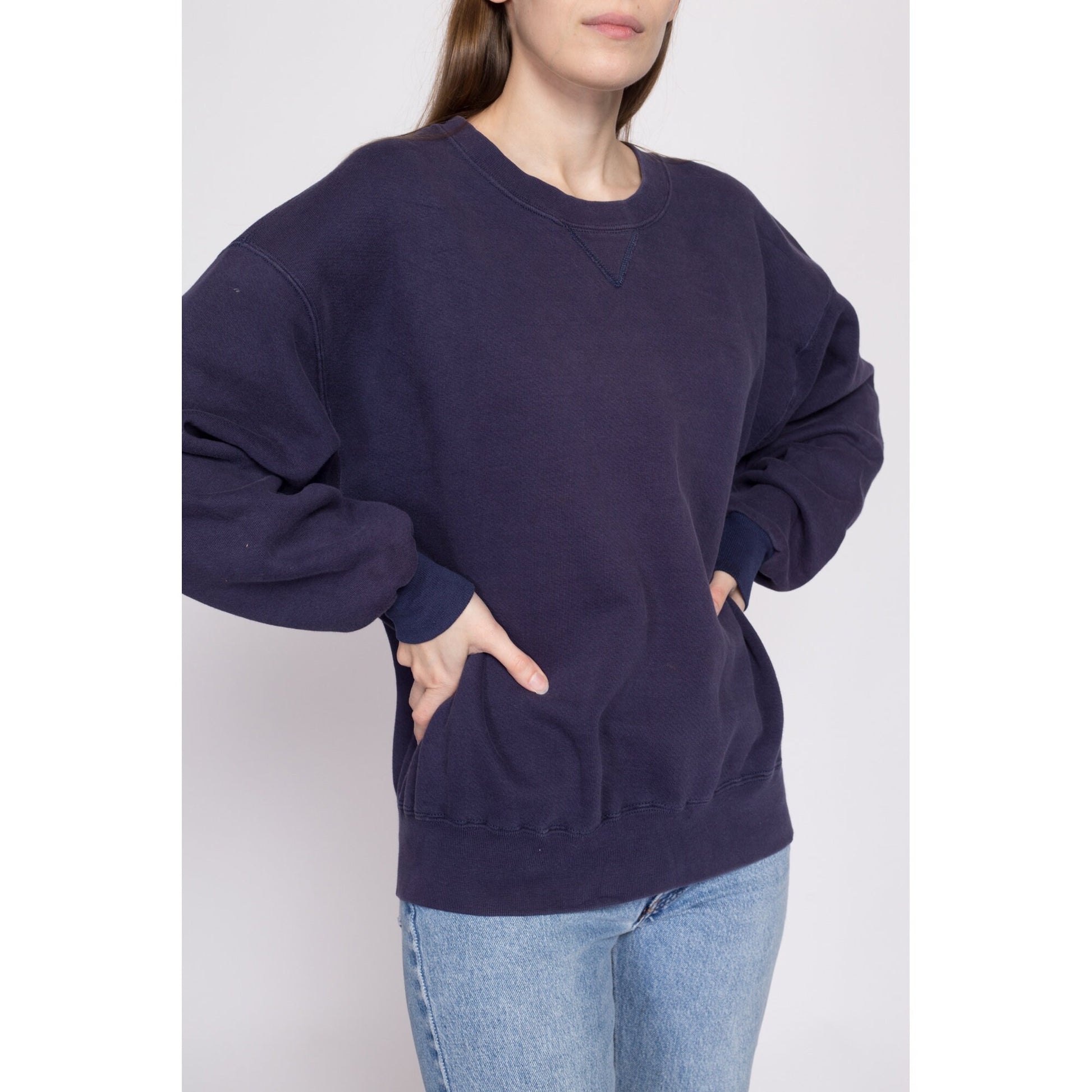 90s L.L. Bean x Russell Athletic Navy Blue V Stitch Sweatshirt - Men's Large | Vintage Unisex Plain Cotton Blend Blank Crewneck Pullover