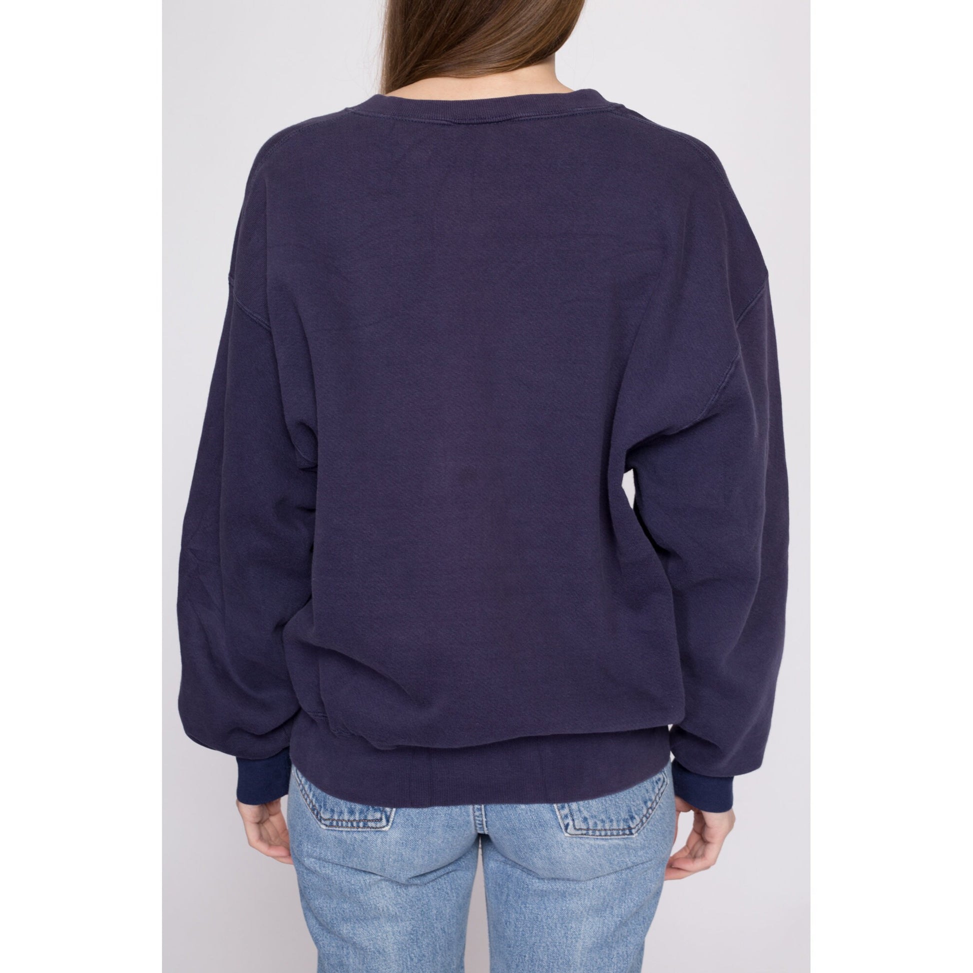 90s L.L. Bean x Russell Athletic Navy Blue V Stitch Sweatshirt - Men's Large | Vintage Unisex Plain Cotton Blend Blank Crewneck Pullover
