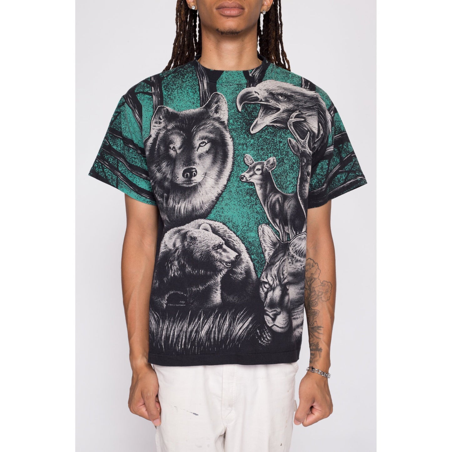 90s Wildlife All Over Print T Shirt - Men's Large | Vintage Wolf Bear Eagle Graphic AOP Nature Print Wild Animal Tee