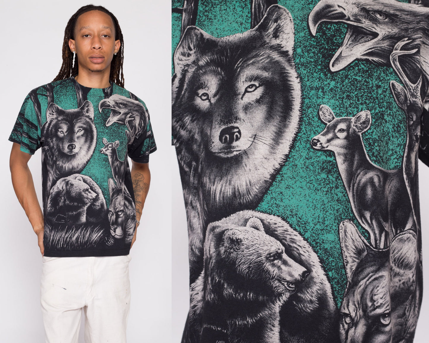 90s Wildlife All Over Print T Shirt - Men's Large | Vintage Wolf Bear Eagle Graphic AOP Nature Print Wild Animal Tee