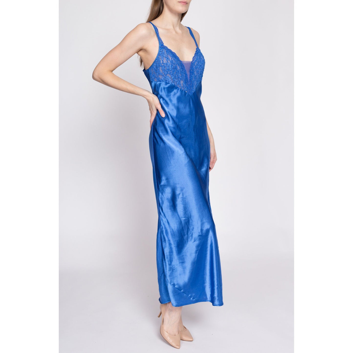 80s Victoria's Secret Blue Satin Nightgown - Small | Vintage Skirt Slit Sheer Lace Trim Negligee Nightie Maxi Slip Dress