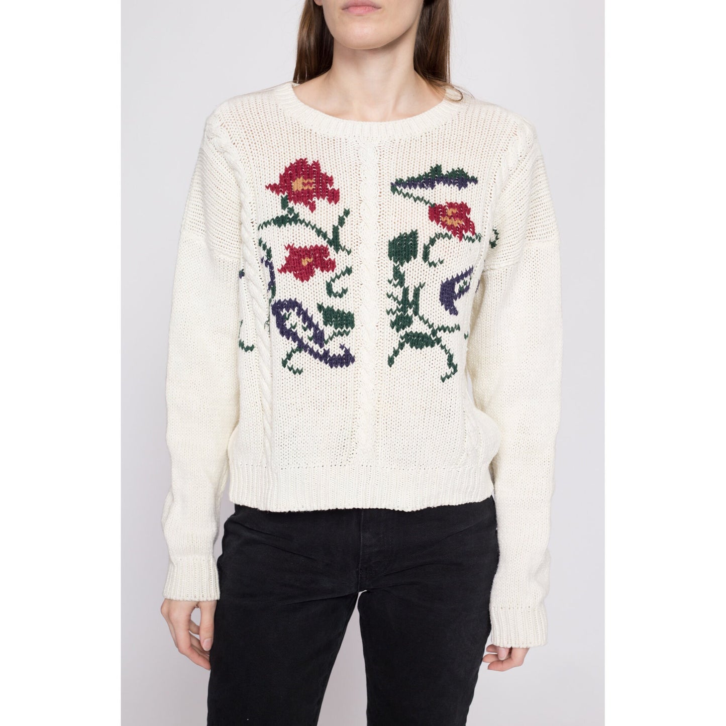 90s White Floral Cable Knit Sweater - Medium | Vintage Slouchy Knit Cotton Ramie Pullover Jumper