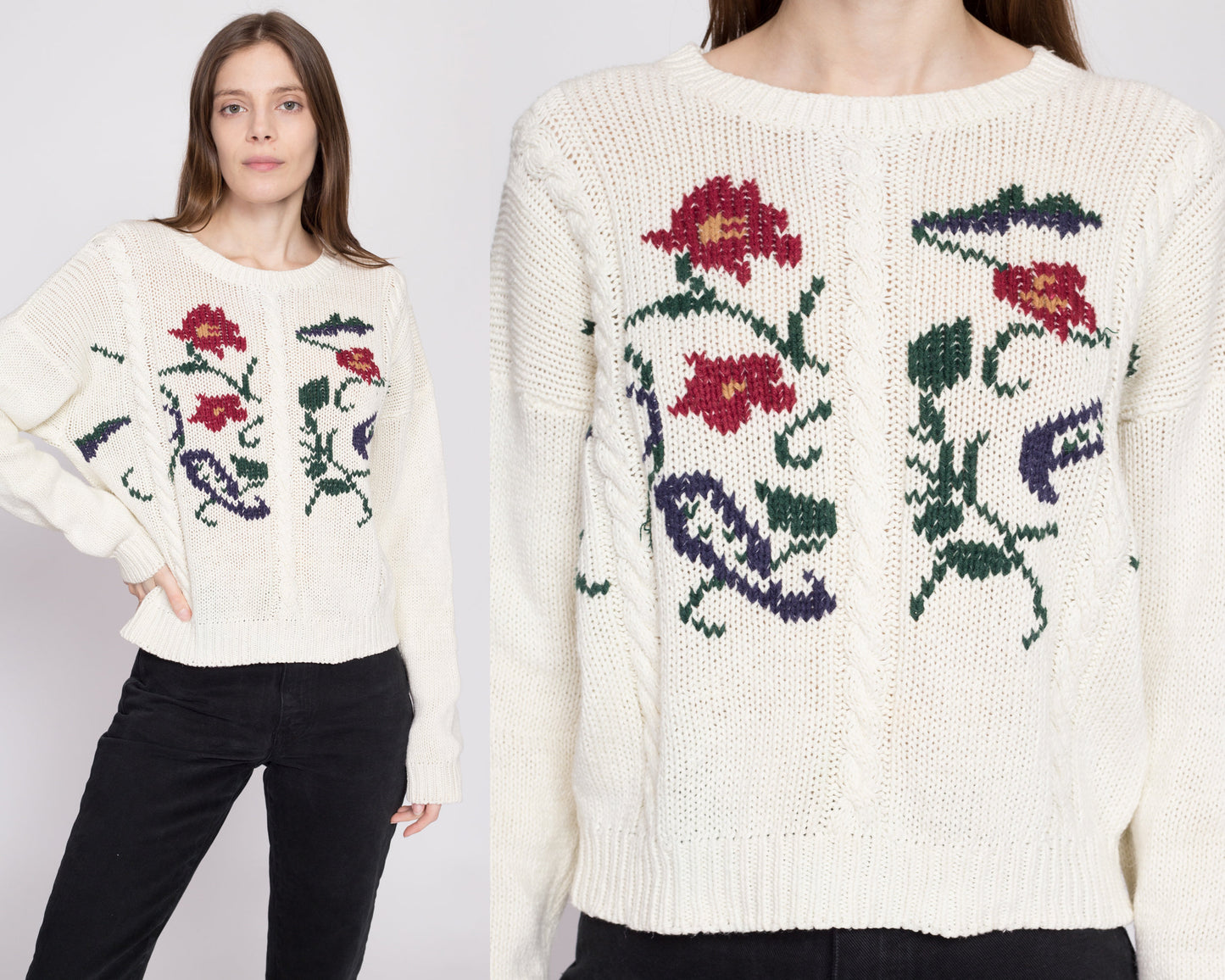 90s White Floral Cable Knit Sweater - Medium | Vintage Slouchy Knit Cotton Ramie Pullover Jumper