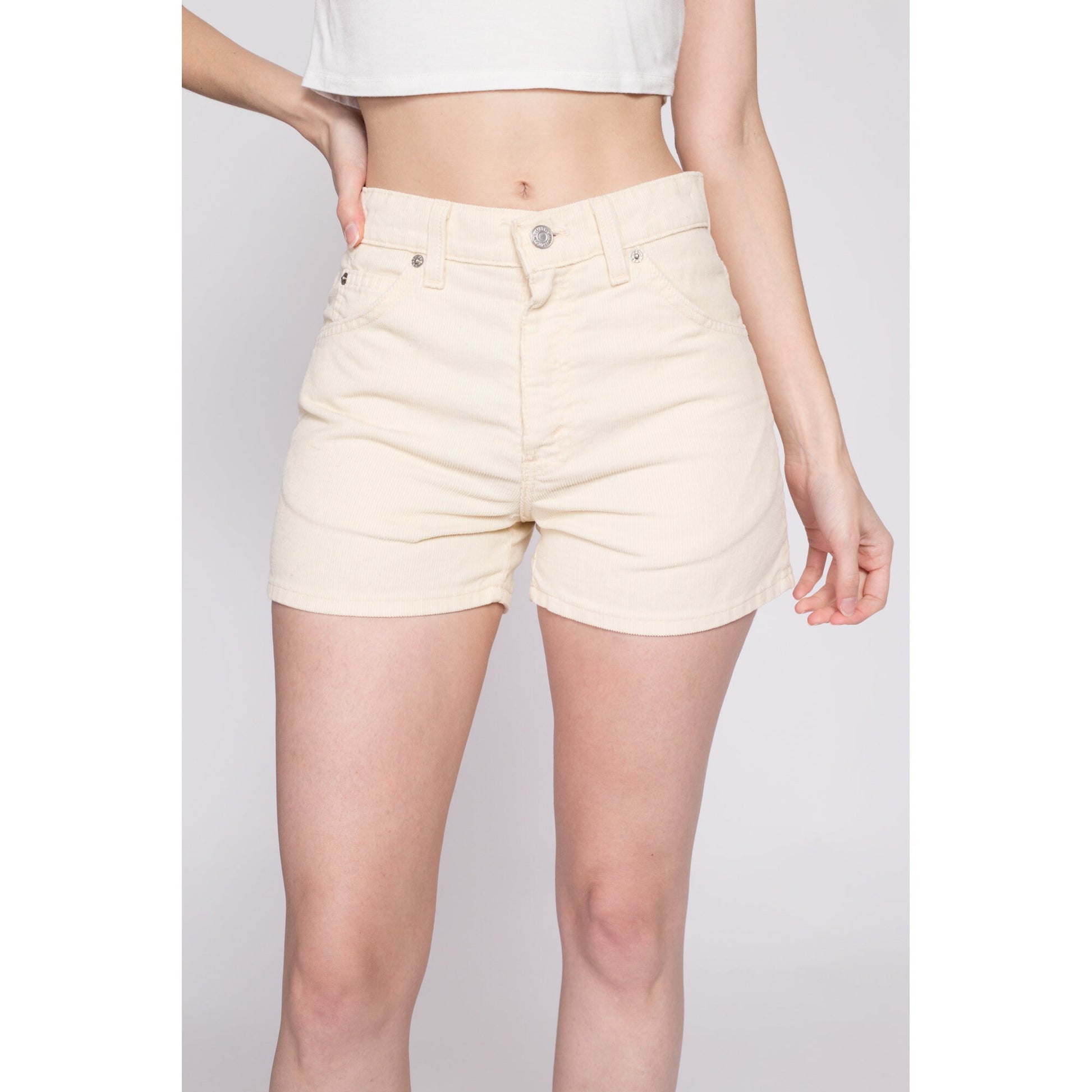90s Levis Yellow Corduroy Shorts - Small | Vintage High Waisted Retro Orange Tab Shorts