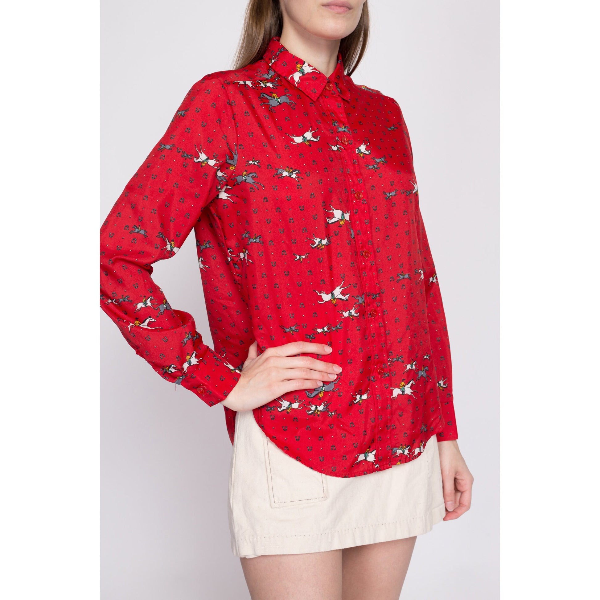 70s 80s Equestrian Novelty Print Top - Medium | Vintage Red Horse Graphic Long Sleeve Collared Button Up Shirt