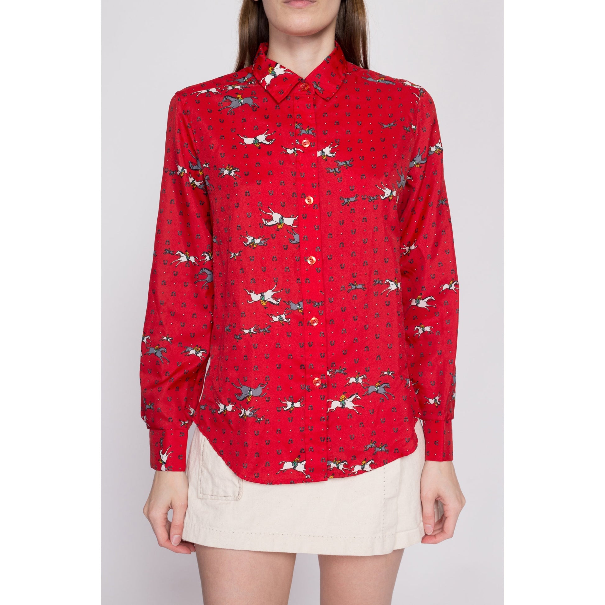 70s 80s Equestrian Novelty Print Top - Medium | Vintage Red Horse Graphic Long Sleeve Collared Button Up Shirt