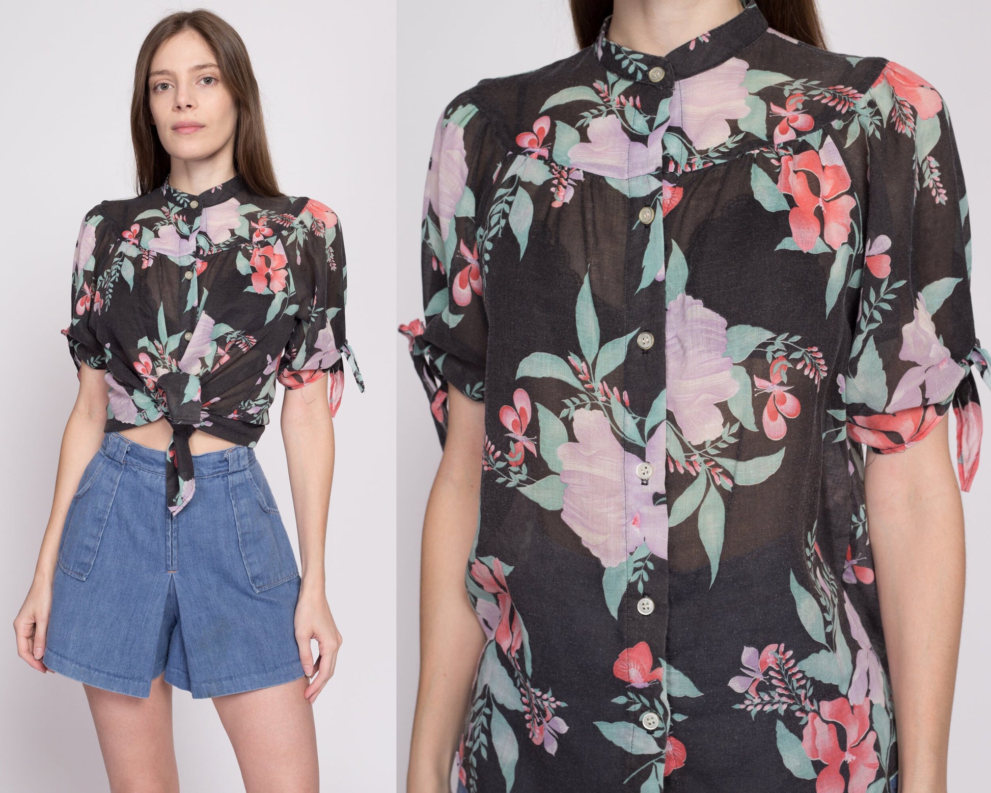 70s Boho Black Tropical Floral Blouse - Small to Large | Vintage Fritzi Sheer Half Sleeve Hippie Shirt