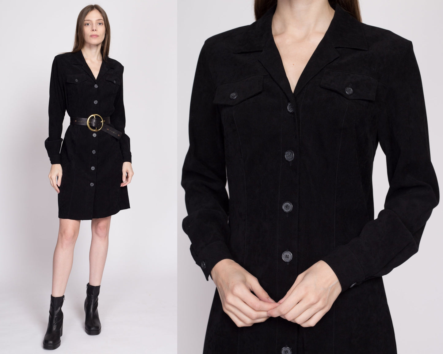 90s Black Ultrasuede Mini Shirtdress - Medium | Vintage Button Front Long Sleeve Collared Gothic Minimalist Dress