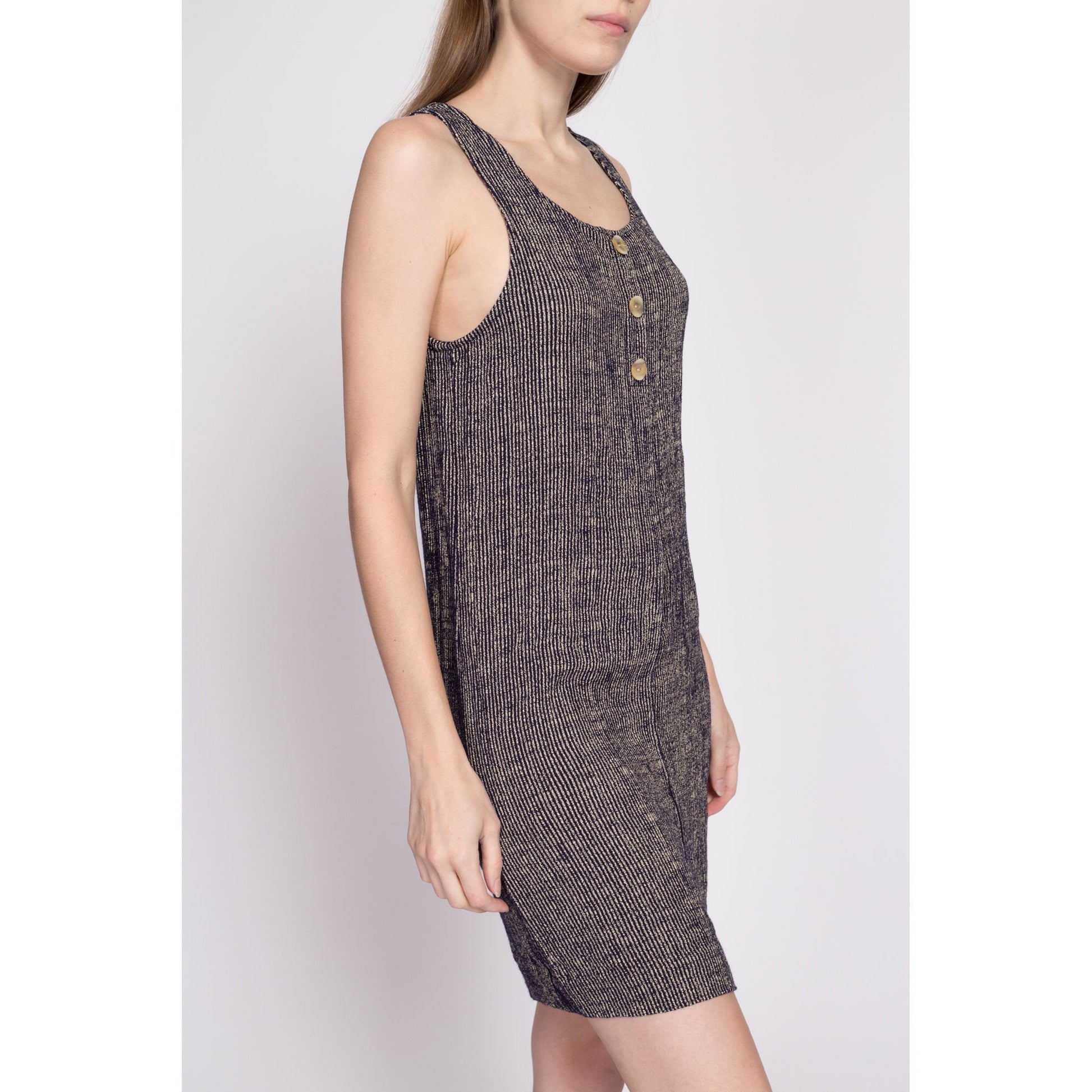 90s Striped Knit Fitted Mini Tank Dress - Medium | Vintage Grunge Sleeveless Button Front Pinafore Dress