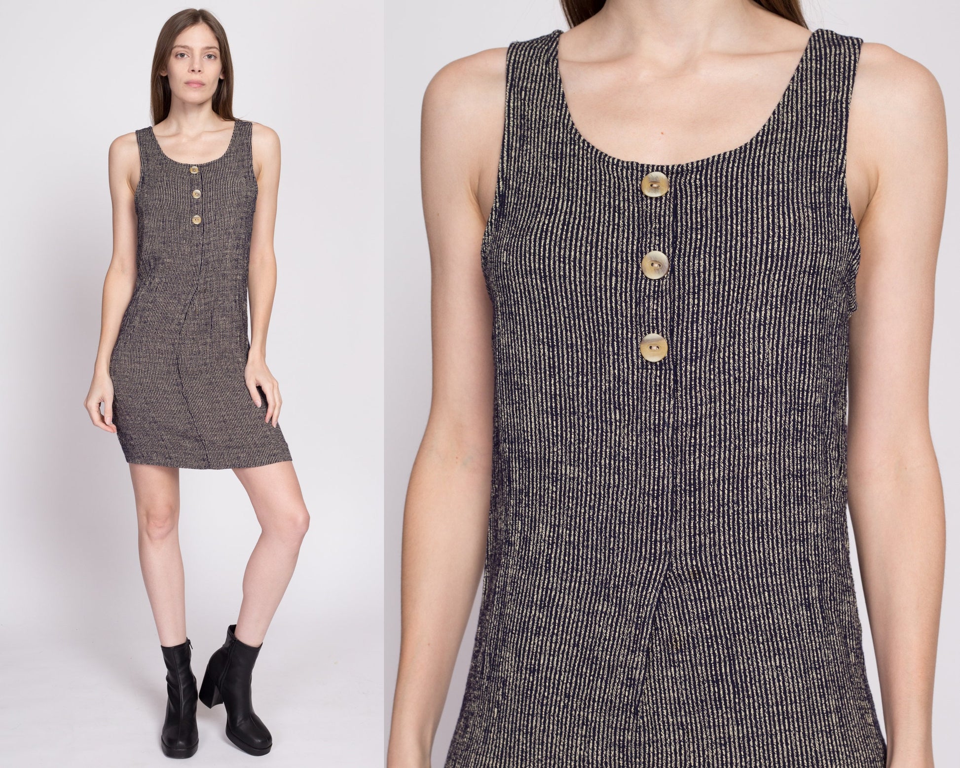 90s Striped Knit Fitted Mini Tank Dress - Medium | Vintage Grunge Sleeveless Button Front Pinafore Dress