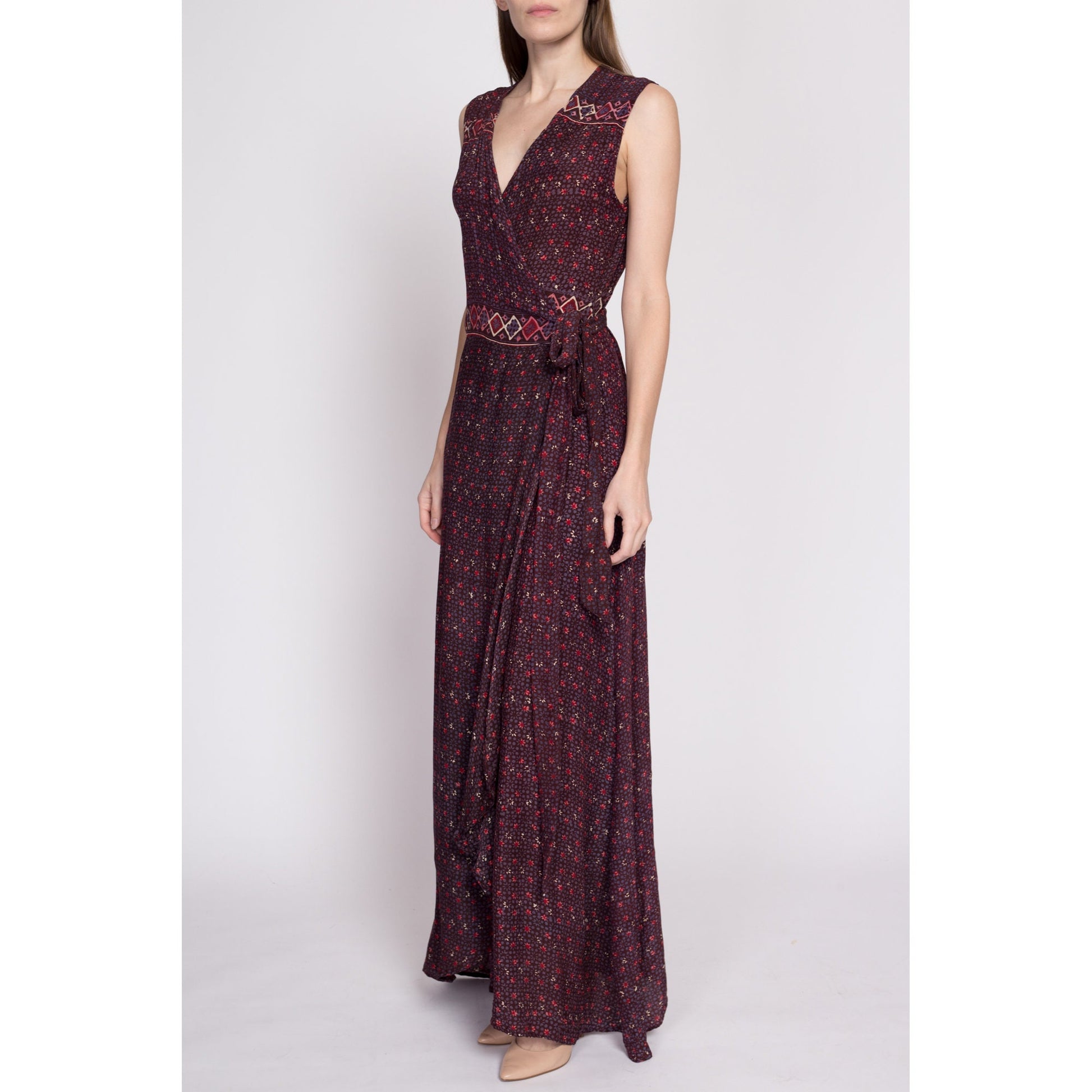 Natalie Martin Silk Maxi Wrap Dress - Small | Danika Bohemian Sleeveless Formal Flowy Summer Gown