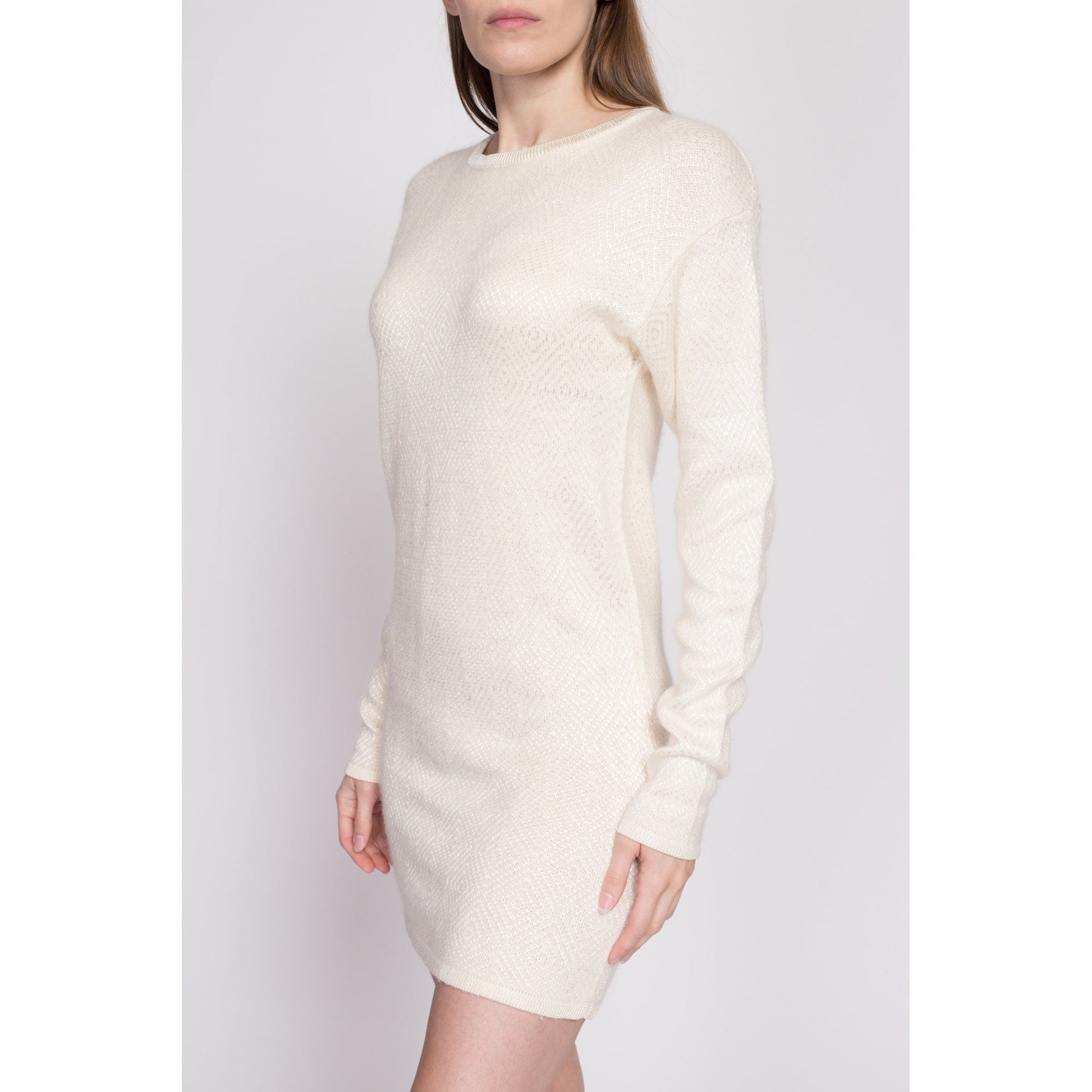 80s Evan Picone Diamond Knit Mini Sweater Dress - Small | Vintage Cream Angora Slouchy Long Sleeve Pullover