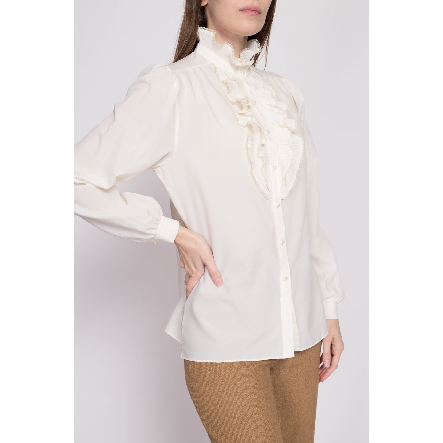70s Sheer Tuxedo Ruffle Blouse - Large | Vintage Edwardian Boho White Long Sleeve Top