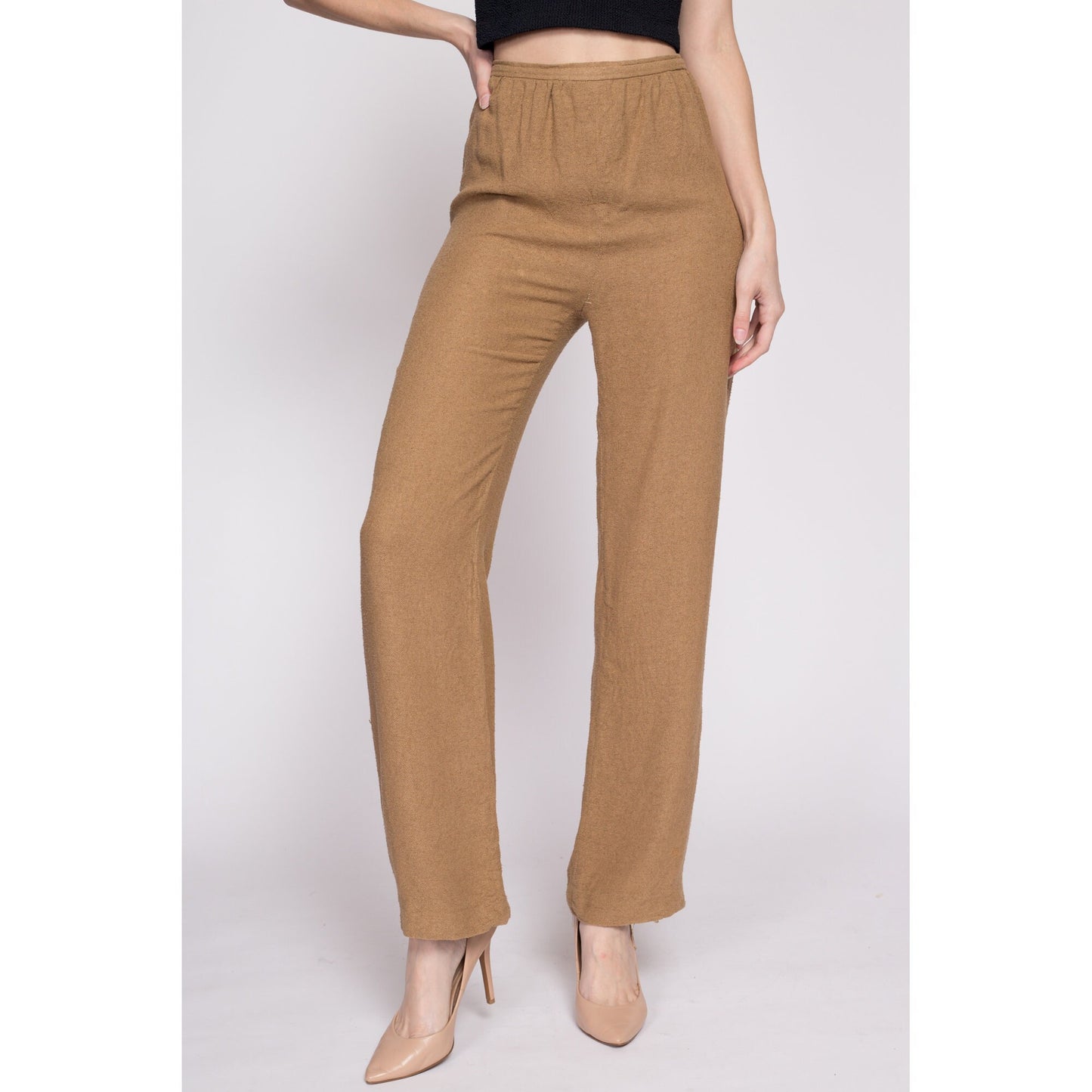 70s 80s Anne Klein Woven Trousers - Small, 26" | Vintage High Waisted Brown Straight Leg Pants