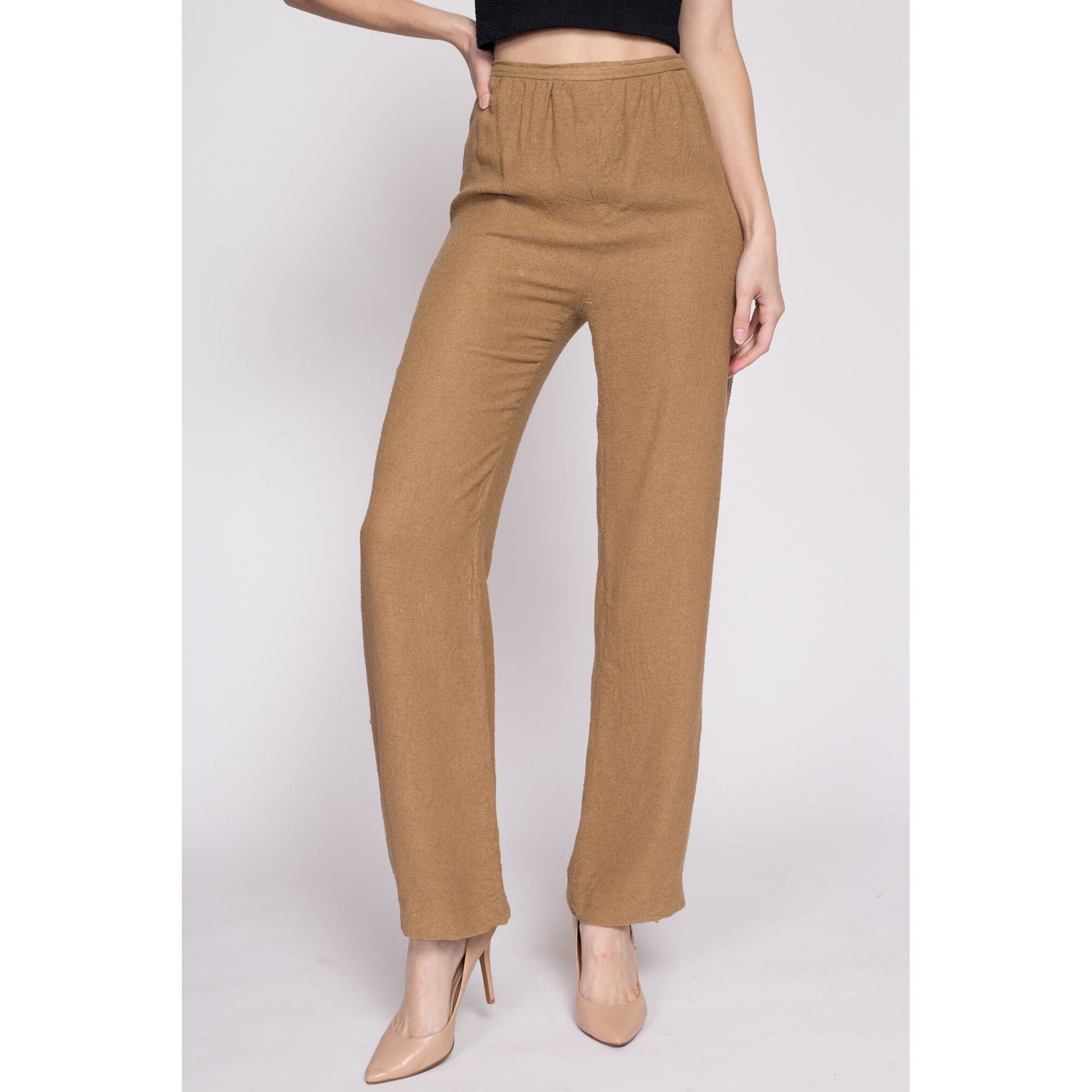 70s 80s Anne Klein Woven Trousers - Small, 26" | Vintage High Waisted Brown Straight Leg Pants