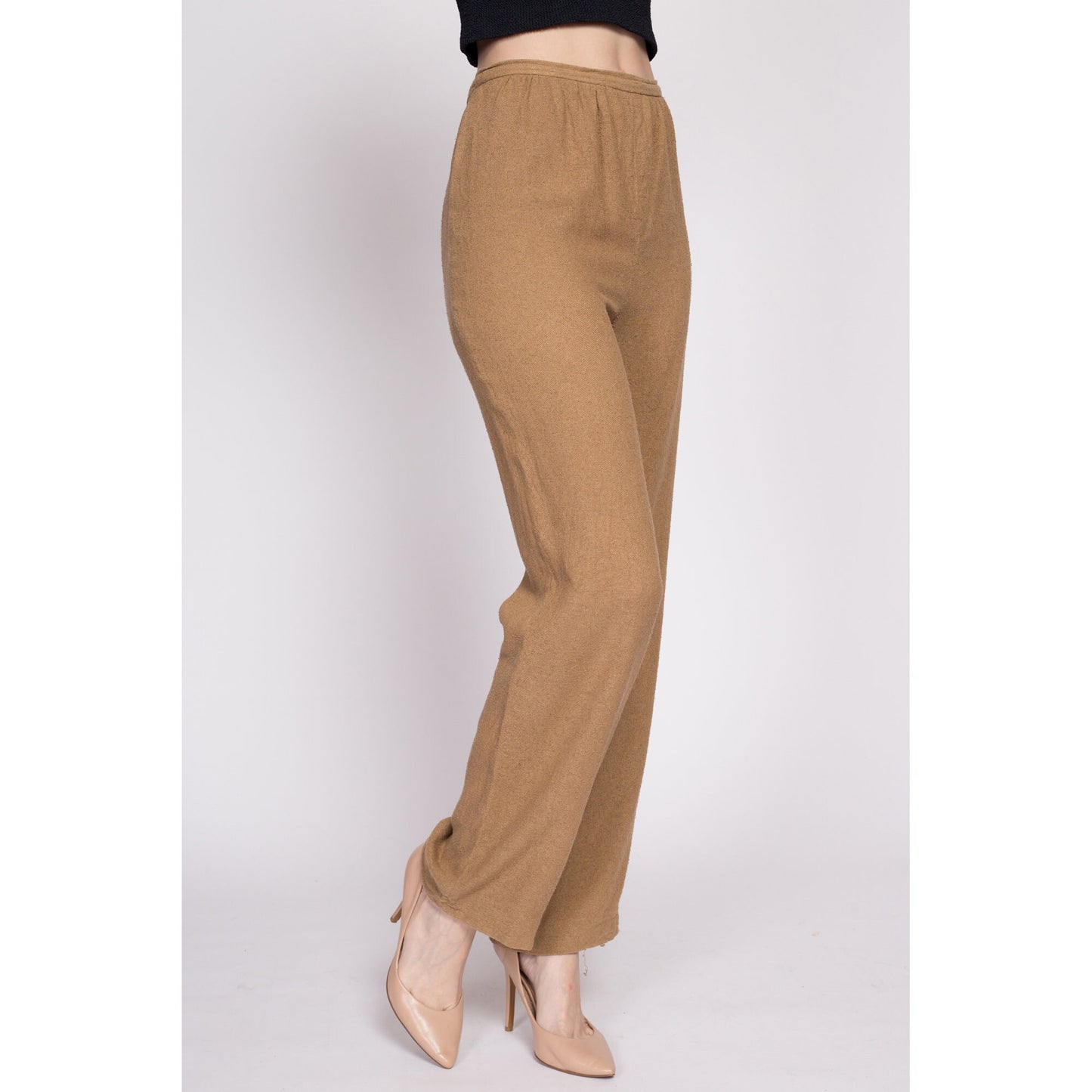 70s 80s Anne Klein Woven Trousers - Small, 26" | Vintage High Waisted Brown Straight Leg Pants