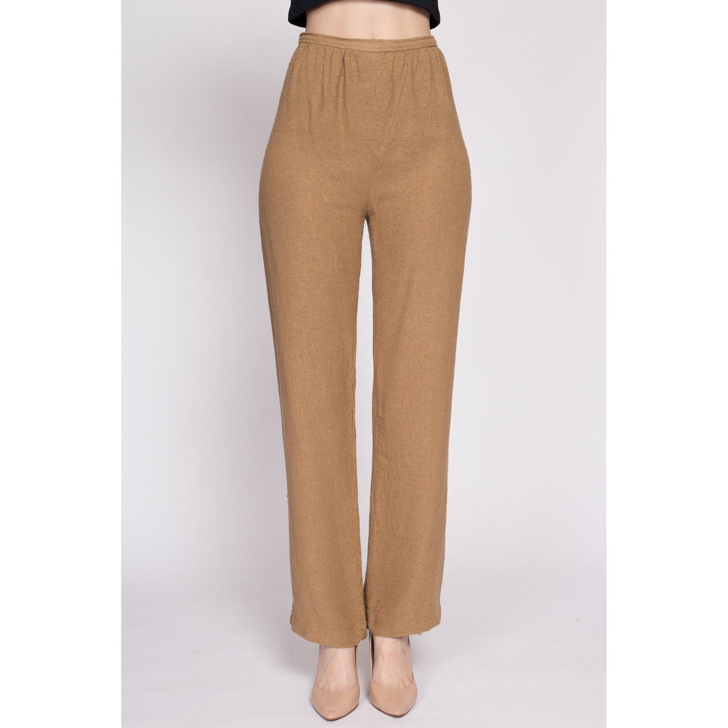 70s 80s Anne Klein Woven Trousers - Small, 26" | Vintage High Waisted Brown Straight Leg Pants