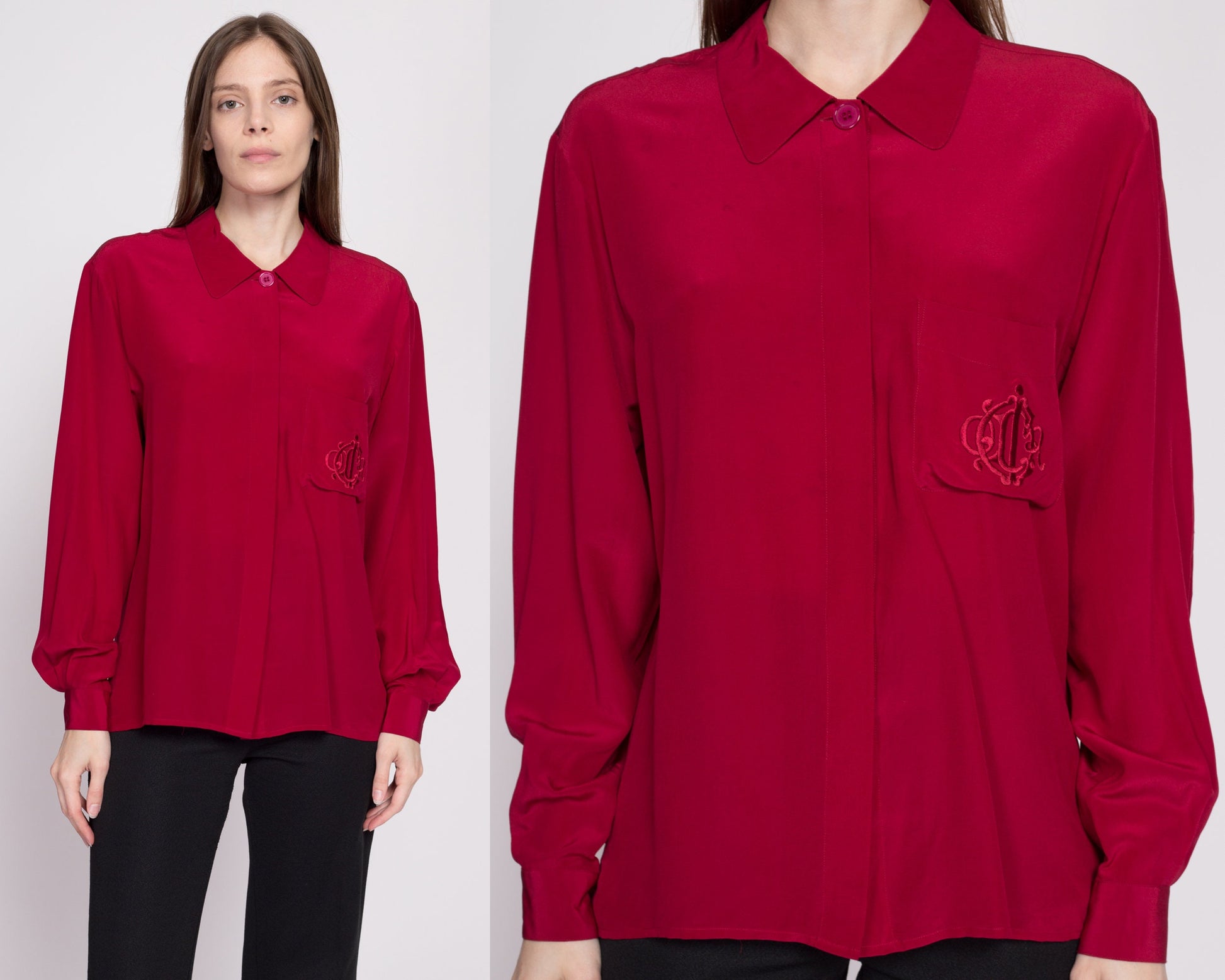 80s Christian Dior Chemises Wine Red Silk Blouse, As Is - Large | Vintage Monogram Pocket Long Sleeve Button Up Collared Top