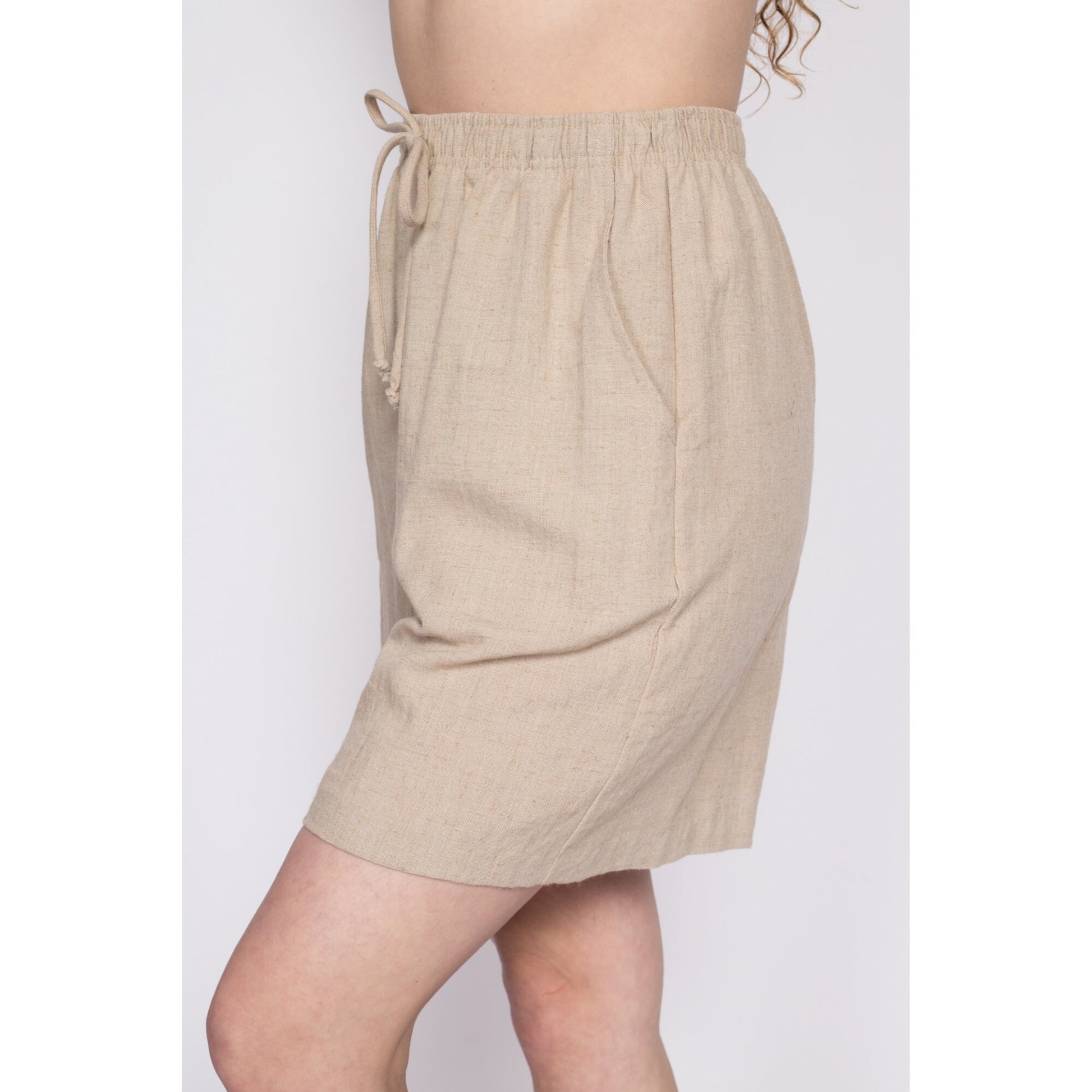 90s Oatmeal Linen Shorts - Small to Medium | Vintage Pleated Wide Leg Elastic Waist High Rise Casual Shorts