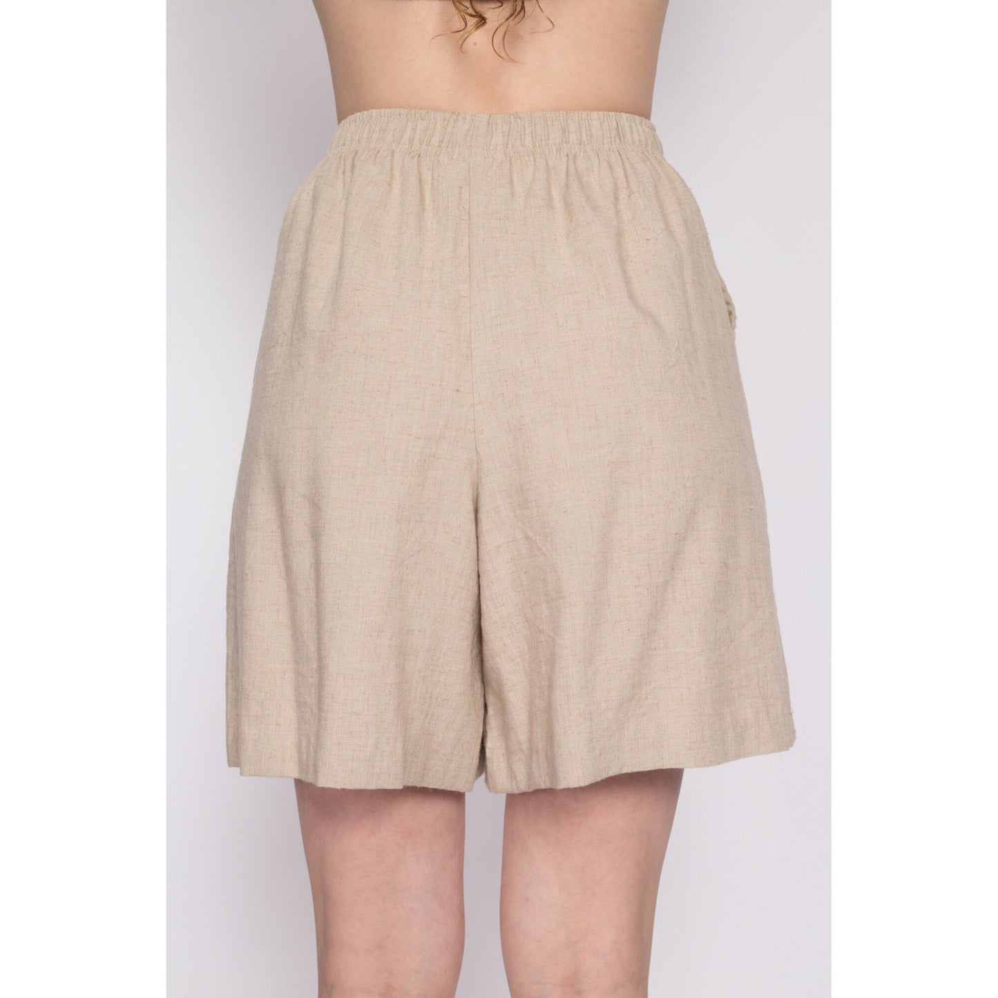 90s Oatmeal Linen Shorts - Small to Medium | Vintage Pleated Wide Leg Elastic Waist High Rise Casual Shorts
